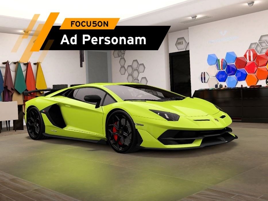 Lime green lamborghini aventador svj displayed in the ad personam studio showroom