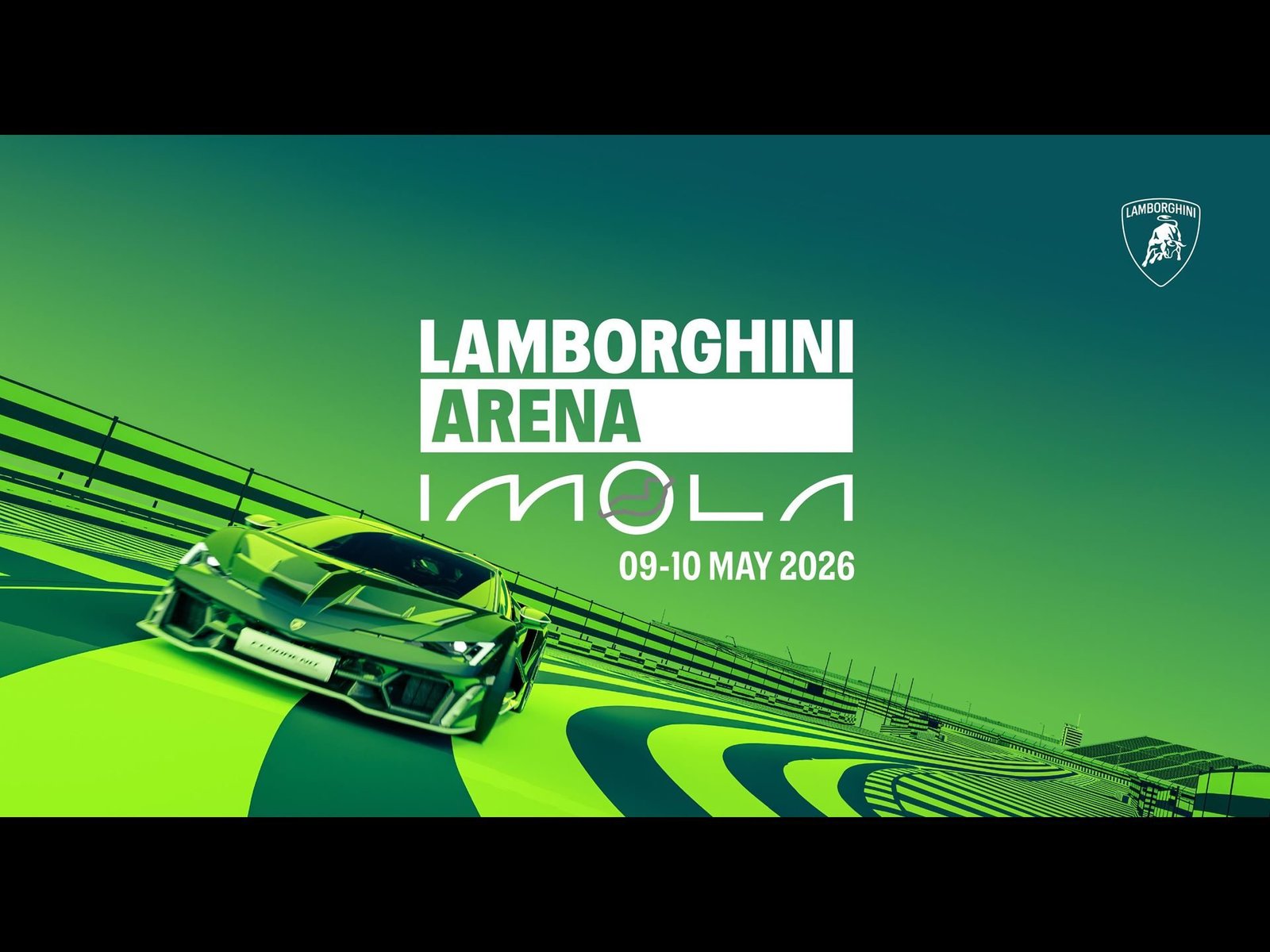 Promotional image for Lamborghini Arena 2026 at Imola featuring a green Revuelto on a stylized track graphic