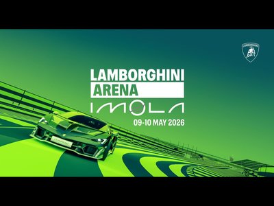 Promotional image for lamborghini arena 2026 at imola featuring a green revuelto on a stylized track graphic