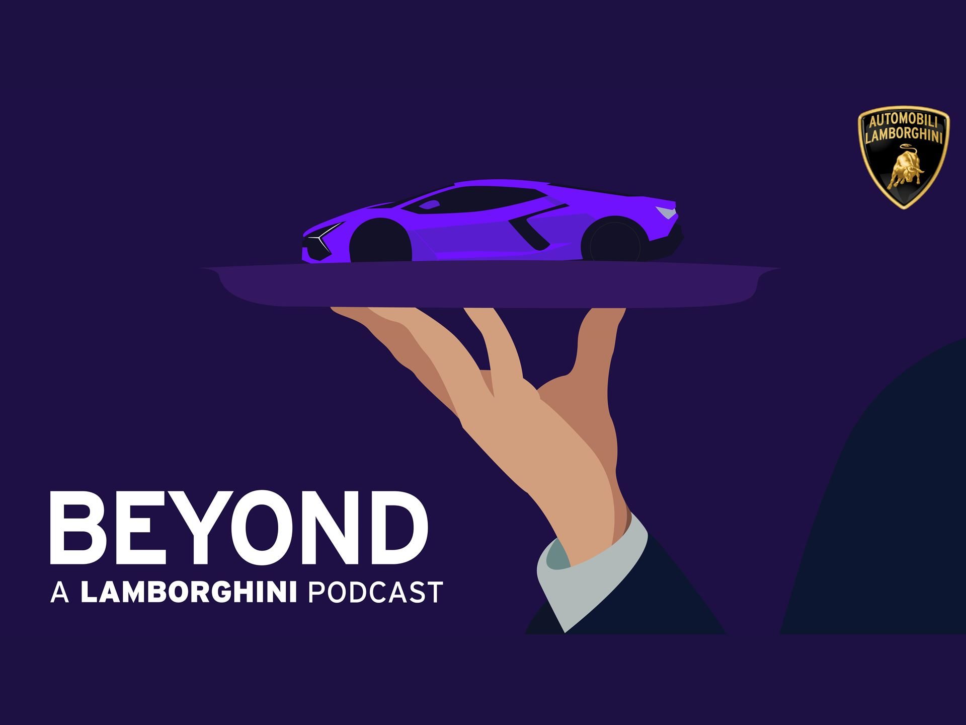 Why Lamborghini Put A Revuelto On A Serving Tray: The 'Beyond' Podcast'S Bottura Episode And The Brand Strategy Behind It 3 Beyond: a lamborghini podcast promotional graphic showing a purple lamborghini revuelto on a silver serving tray against a dark purple background