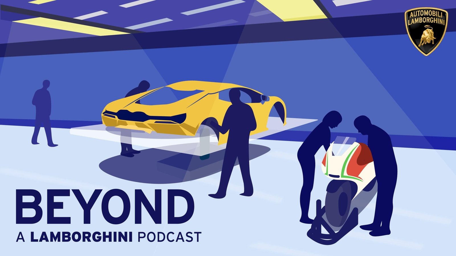 Beyond: A Lamborghini Podcast infographic featuring a stylized yellow Lamborghini, silhouetted figures, and a classic motorcycle
