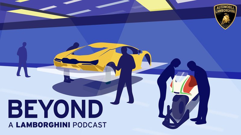 Beyond: A Lamborghini Podcast infographic featuring a stylized yellow Lamborghini, silhouetted figures, and a classic motorcycle