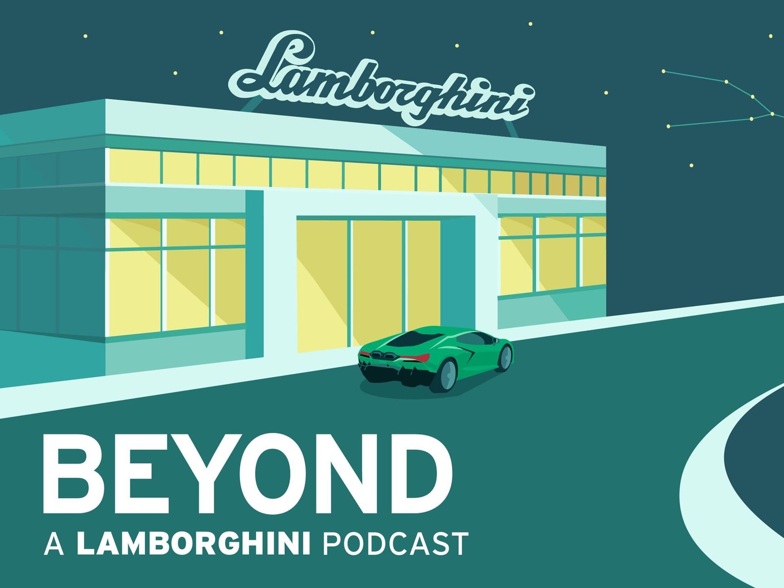 Beyond: A Lamborghini Podcast promotional graphic featuring a green Lamborghini Revuelto at night