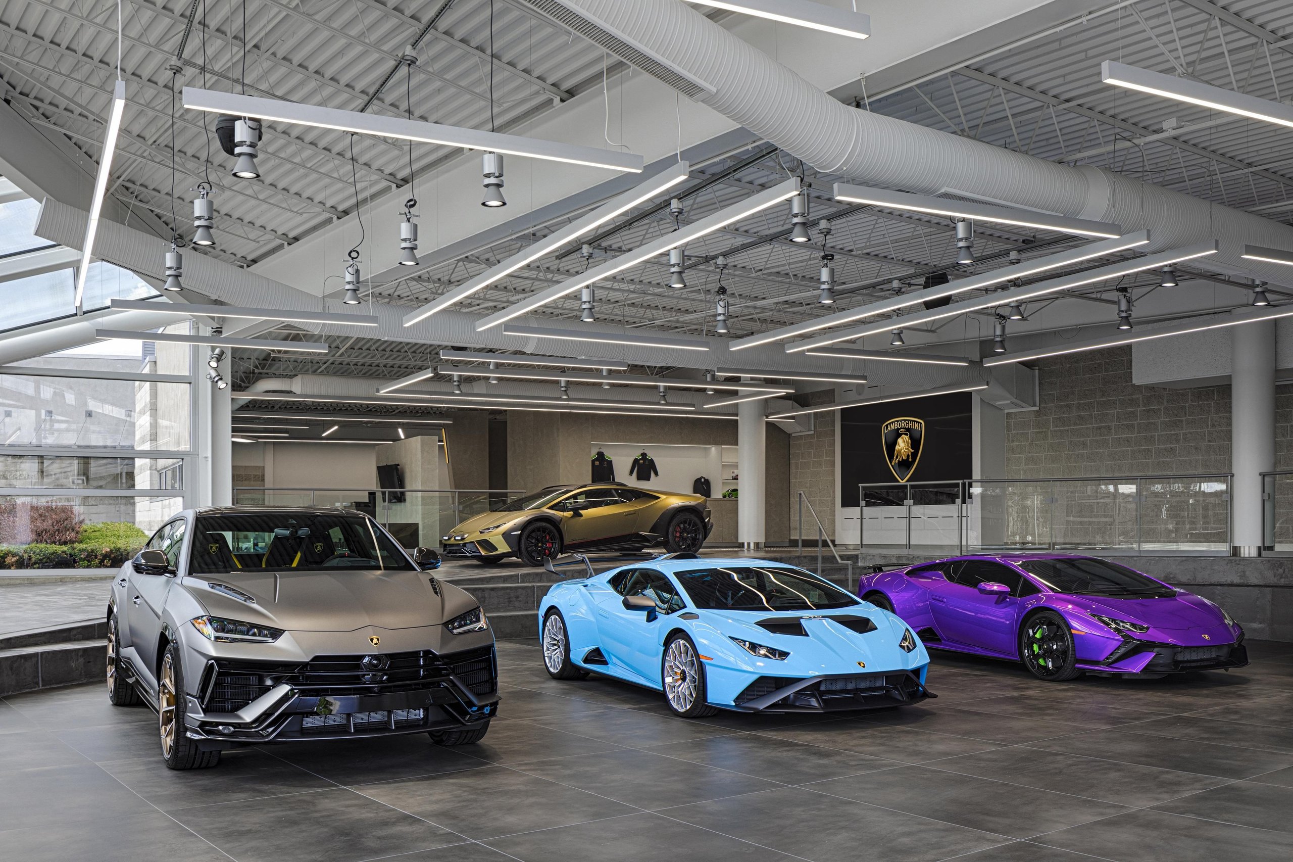 Six New U.s. Dealerships And Record Sales: How Lamborghini Built The Stage For Its Hybrid Era 7 A spacious lamborghini showroom displaying a grey urus, light blue huracán sto, and purple huracán under modern lighting