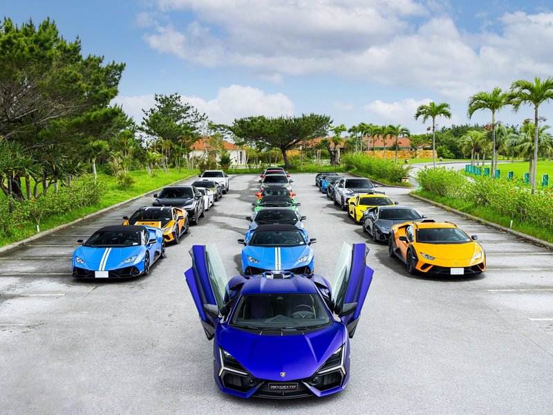 A large collection of Lamborghini vehicles including a blue Revuelto with open scissor doors parked in rows on an asphalt lot surrounded by palm trees under a blue sky