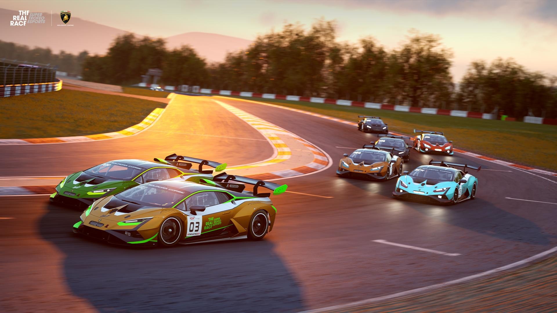 Dario Iemmulo Wins Lamborghini'S European Esports Finals, Earns Shot At Factory Driver Seat 11 Two lamborghini huracán gt3 evo race cars, one gold and one green, leading a pack through a turn on a virtual track at sunset