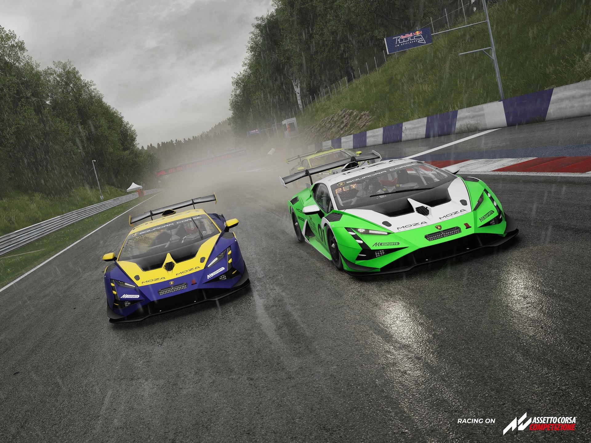 Two lamborghini huracán gt3 evo2 race cars in green-white and blue-yellow liveries racing on a wet track in rainy conditions