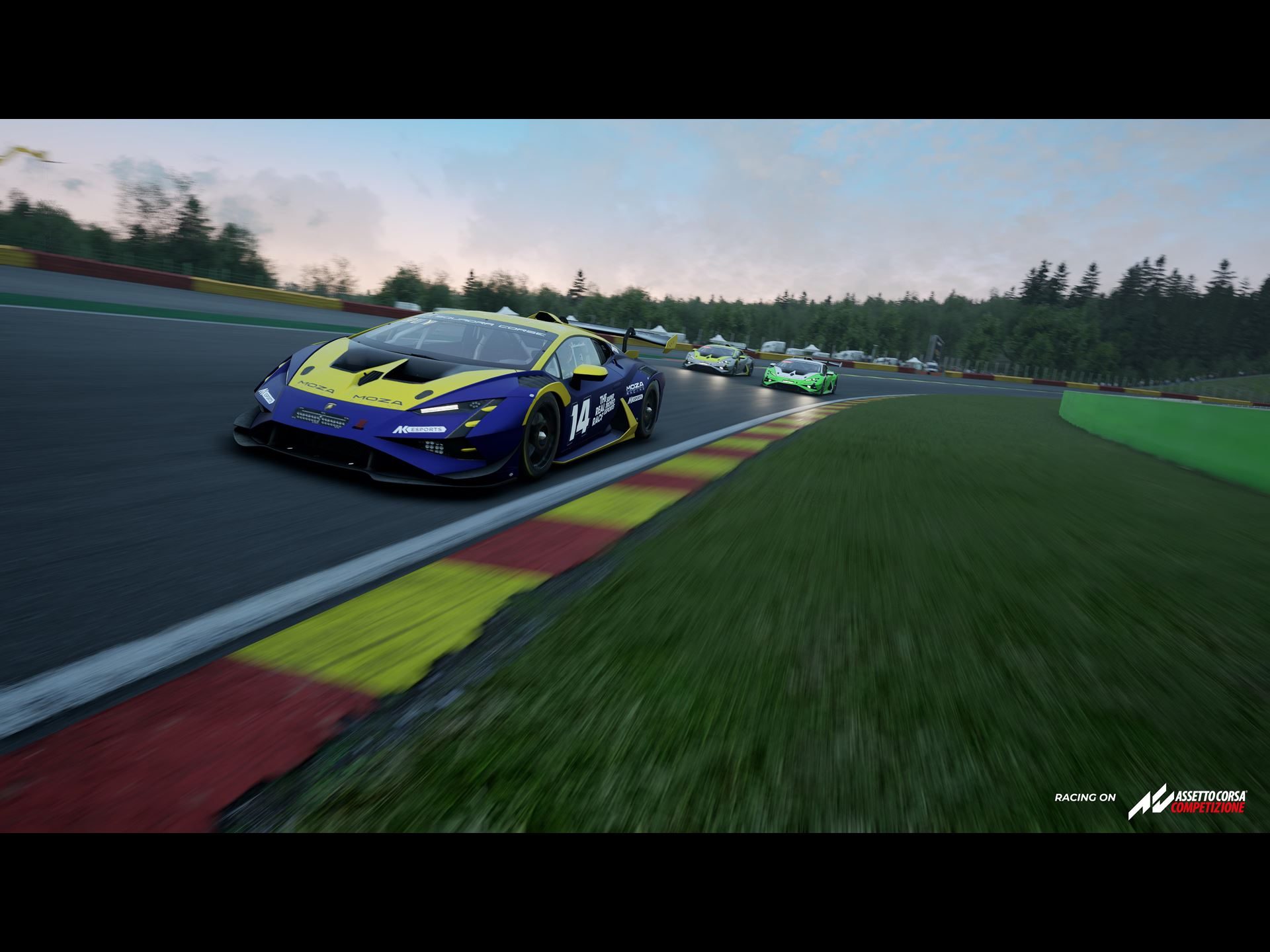 Blue and yellow lamborghini huracán gt3 evo2 carving through a corner on track with competitors visible in the distance