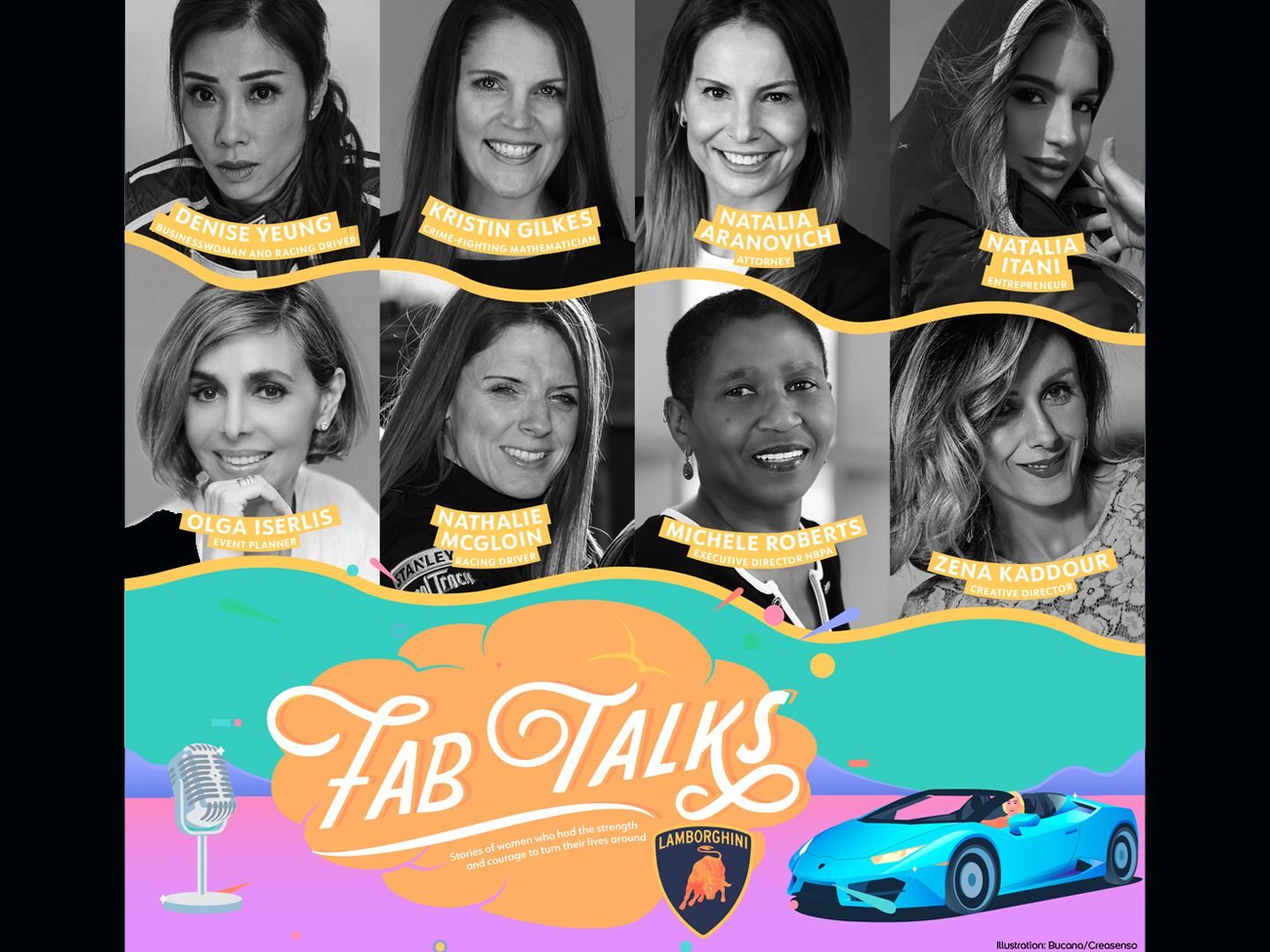 Lamborghini fab talks infographic featuring portraits of eight women from diverse professions alongside a stylized blue lamborghini huracan convertible
