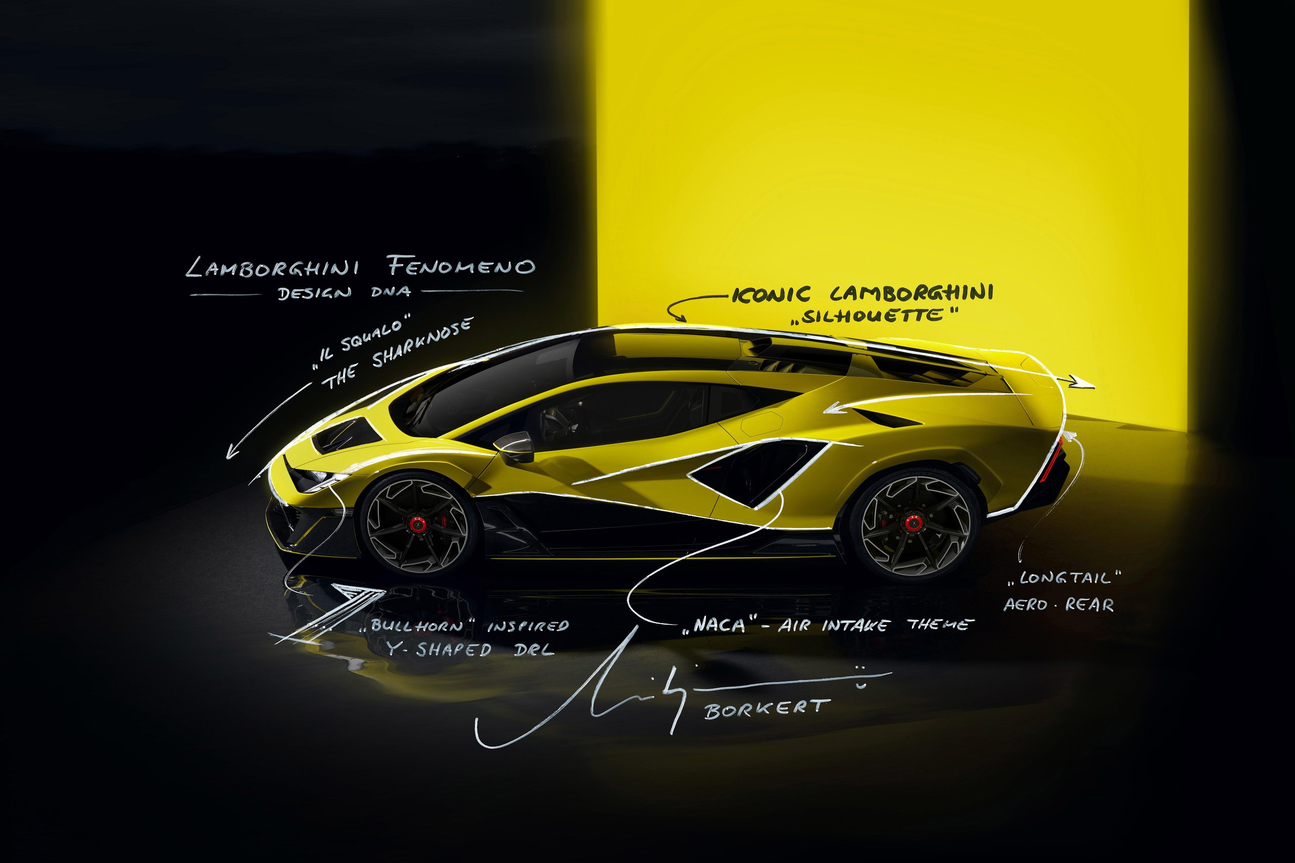 Lamborghini fenomeno side view infographic annotated with design elements including sharknose, bullhorn-inspired y-shaped drl, and naca air intake theme