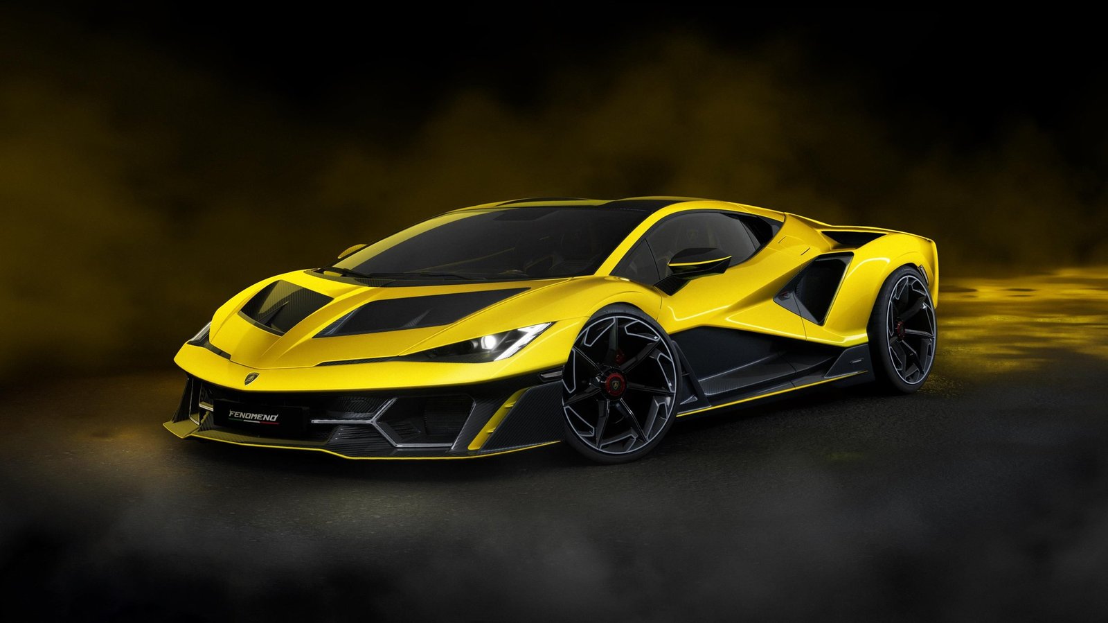 Yellow Lamborghini Fenomeno front three-quarter view in a dark studio, showcasing its aggressive front fascia and Y-shaped DRLs