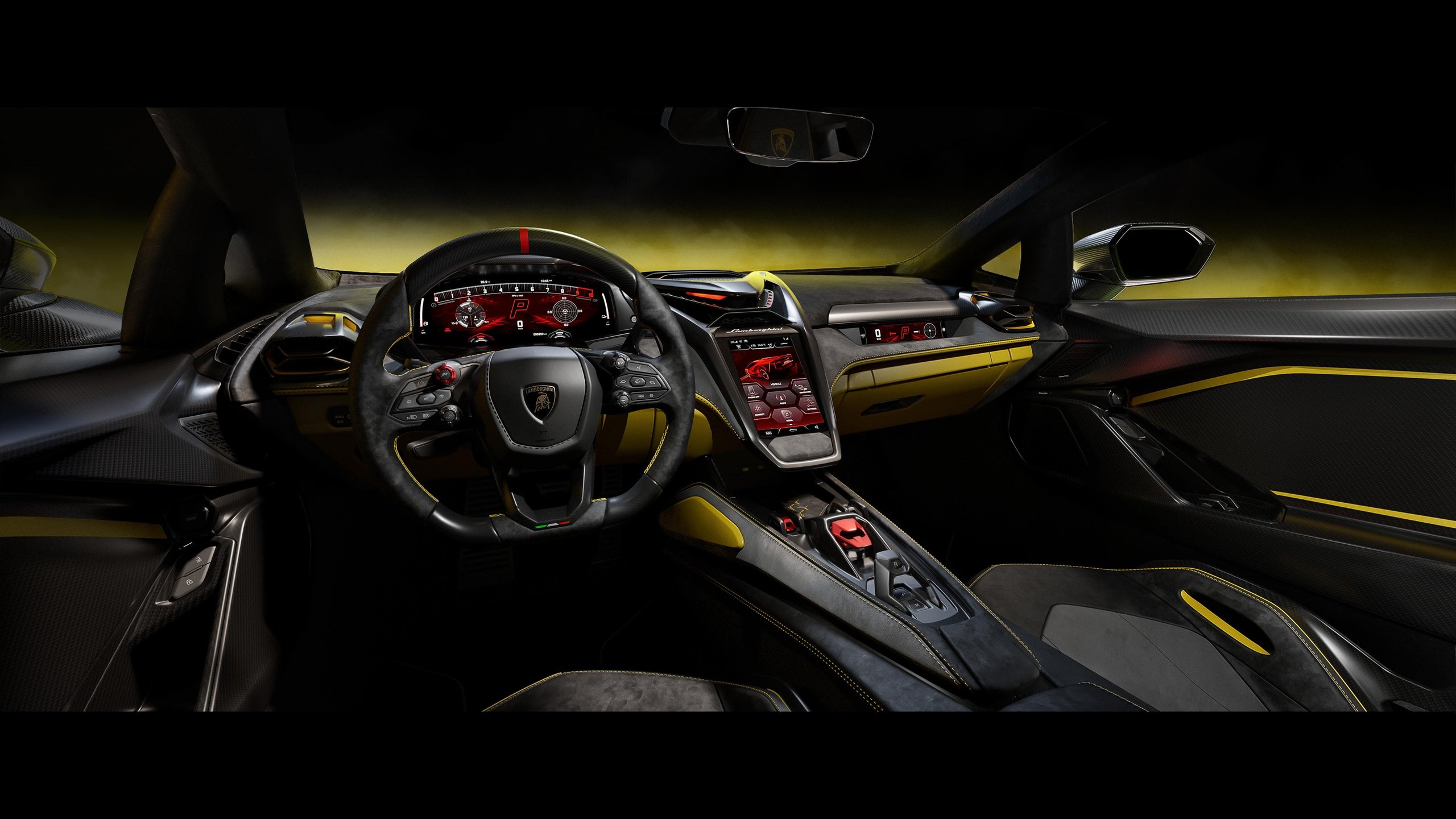 Lamborghini fenomeno interior showing driver-focused cockpit with yellow accents, digital displays, carbon fiber trim, and sporty steering wheel