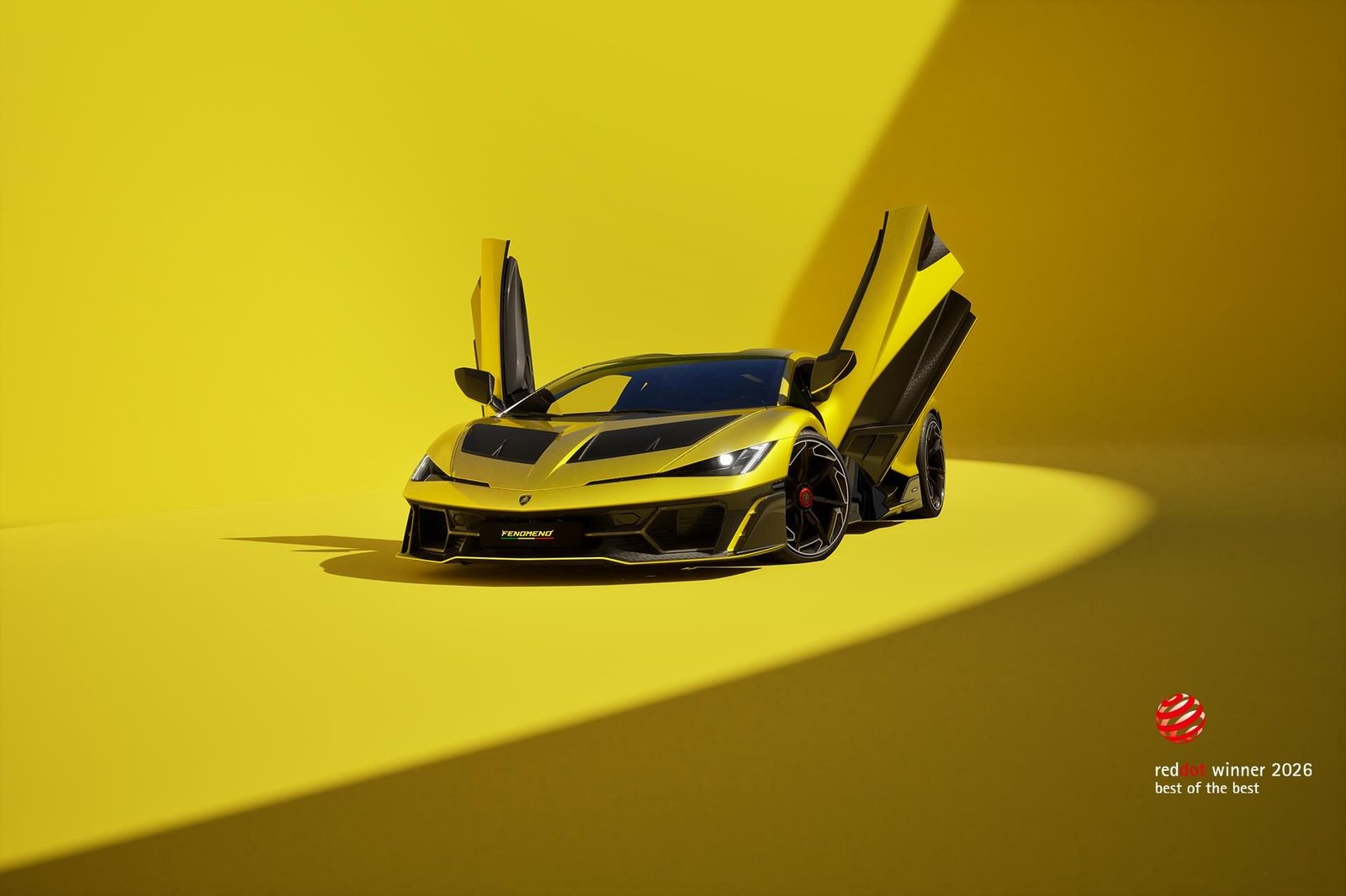 Yellow Lamborghini Fenomeno with scissor doors open in a studio setting, showcasing its aggressive front styling and sharp aerodynamic lines