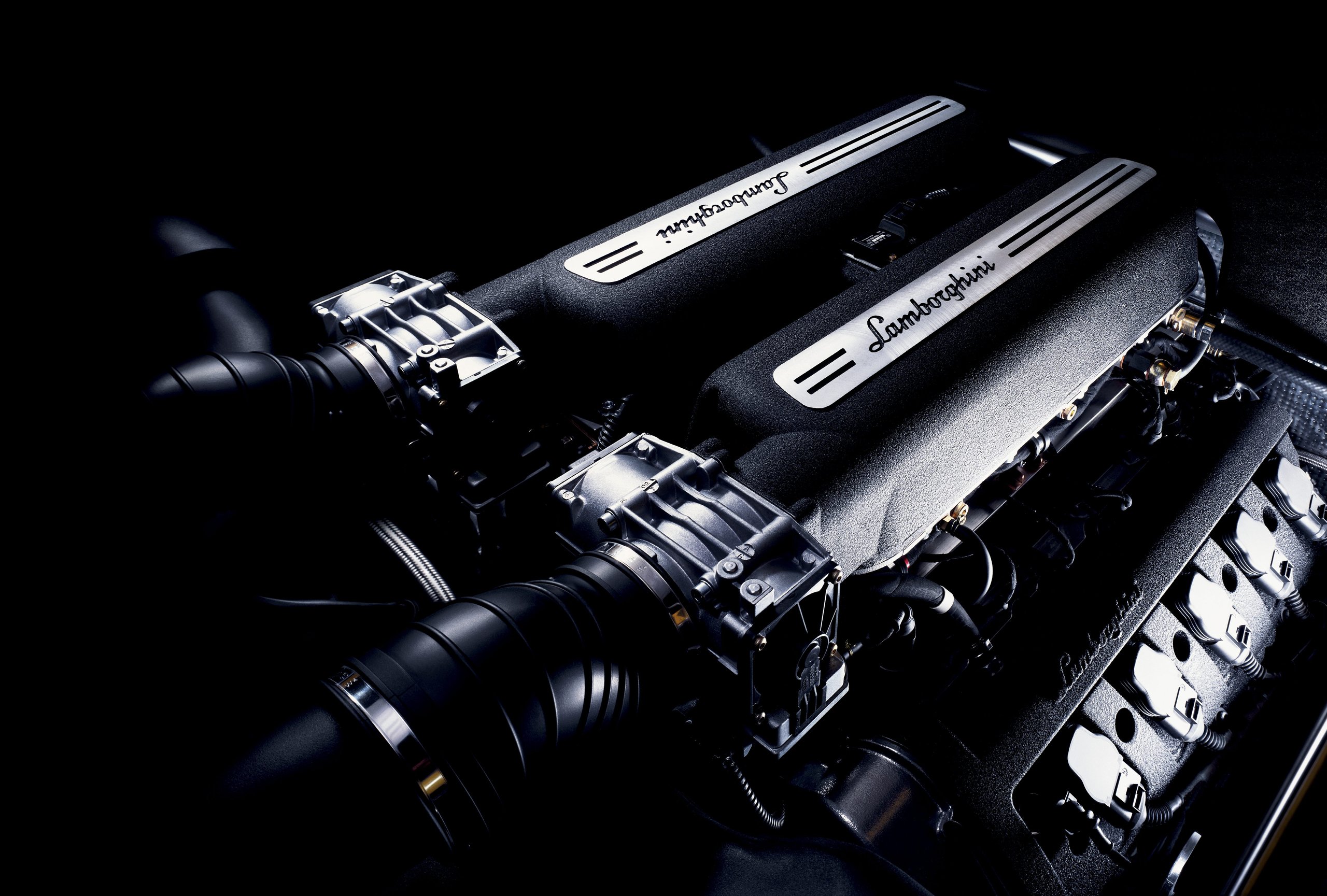 Close-up of the Lamborghini Gallardo V10 engine showing intake manifolds and Lamborghini branding