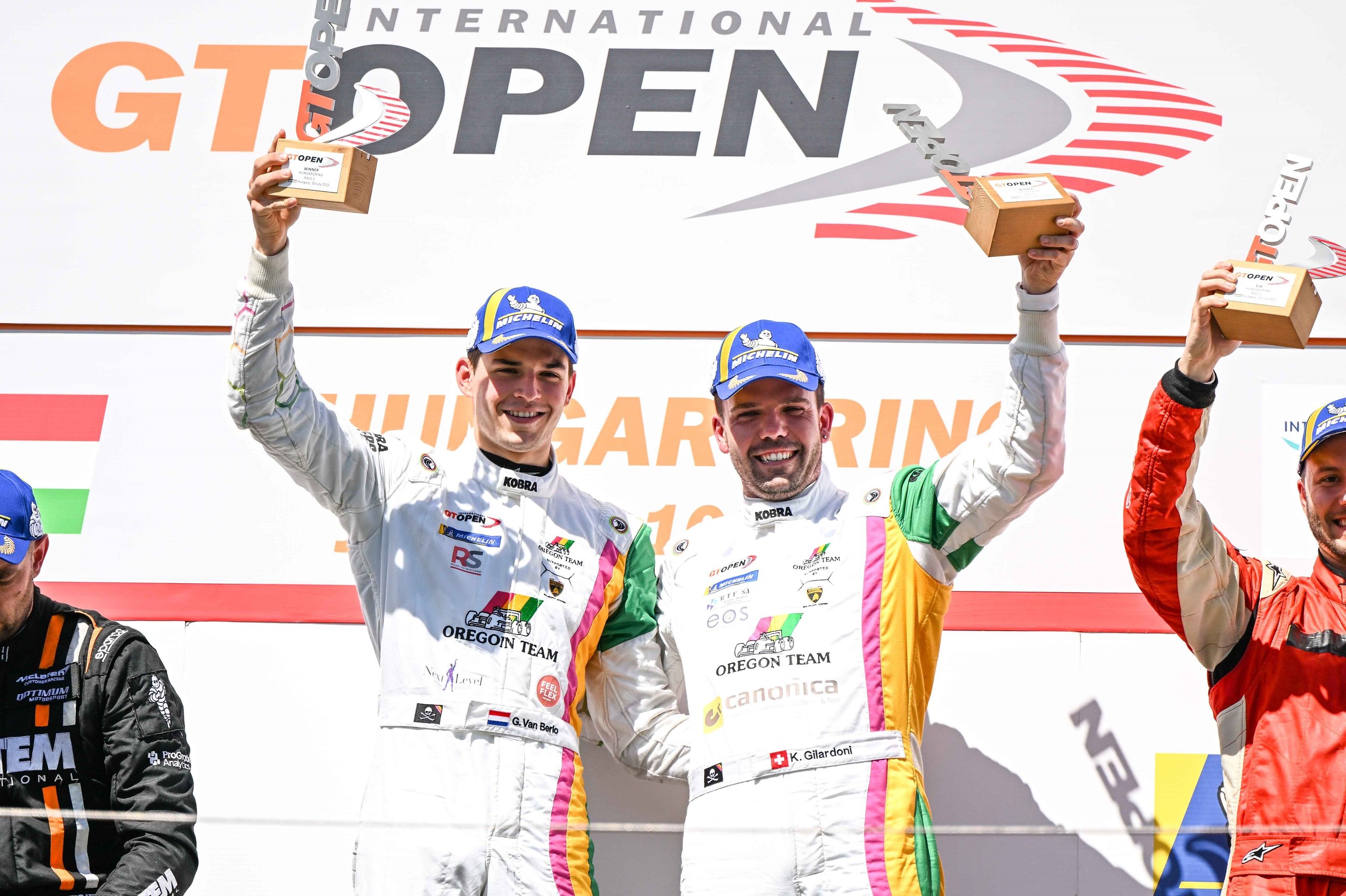Gilardoni'S Second-Per-Lap Hunt Puts Lamborghini Atop The Gt Open Standings At Hungaroring 3 Glenn van berlo and kevin gilardoni celebrate on the international gt open podium holding trophies in oregon team racing suits