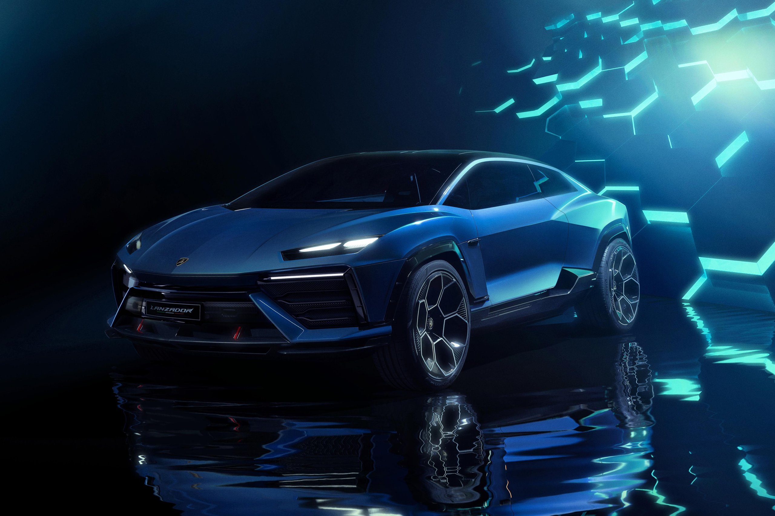 Lamborghini Lanzador: The 'Ultra Gt' That Went From Electric Manifesto To Hybrid Reality 3 Lamborghini lanzador concept in a futuristic studio with hexagonal blue lighting and reflective floor