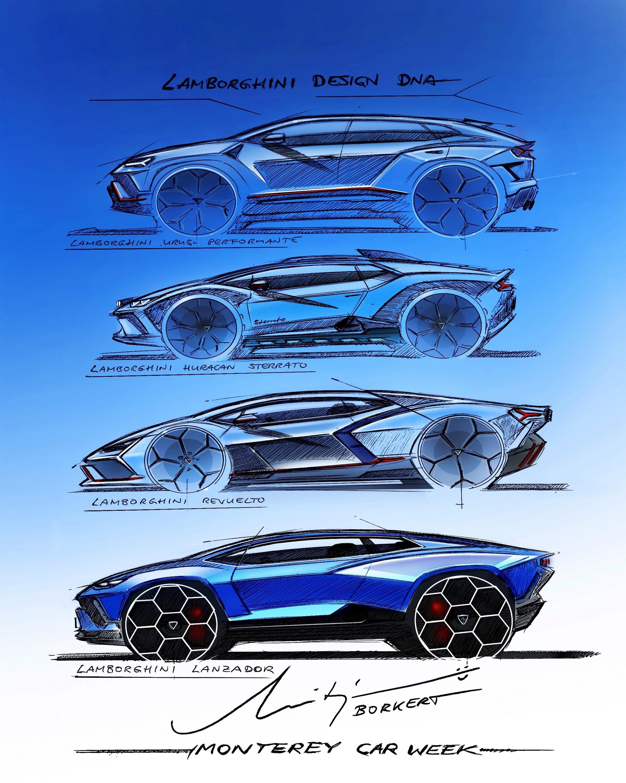Lamborghini Lanzador: The 'Ultra Gt' That Went From Electric Manifesto To Hybrid Reality 5 Hand-drawn lamborghini design dna sketch showing urus performante, huracan sterrato, revuelto, and lanzador stacked vertically