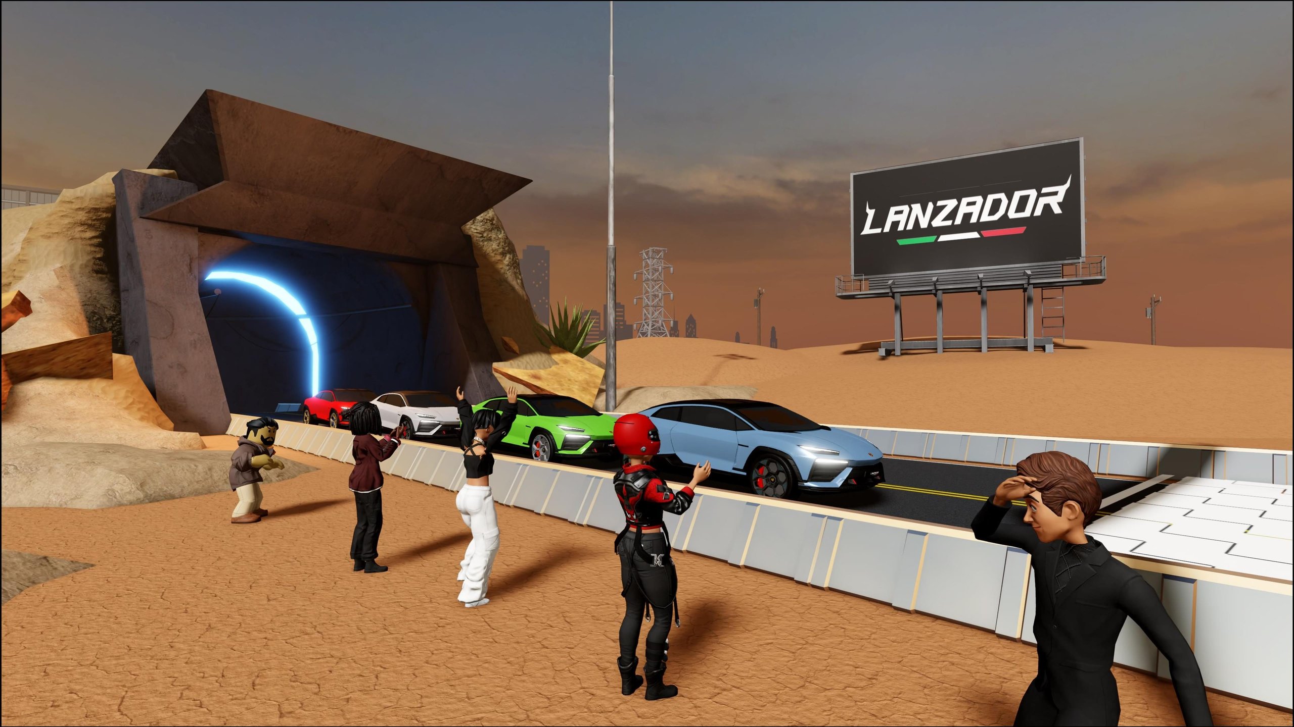 Lamborghini Built A Roblox Experience For A Car That May Never Exist As Planned 5 Multiple lamborghini lanzador concept cars racing on a virtual roblox track with avatars watching under a lanzador billboard