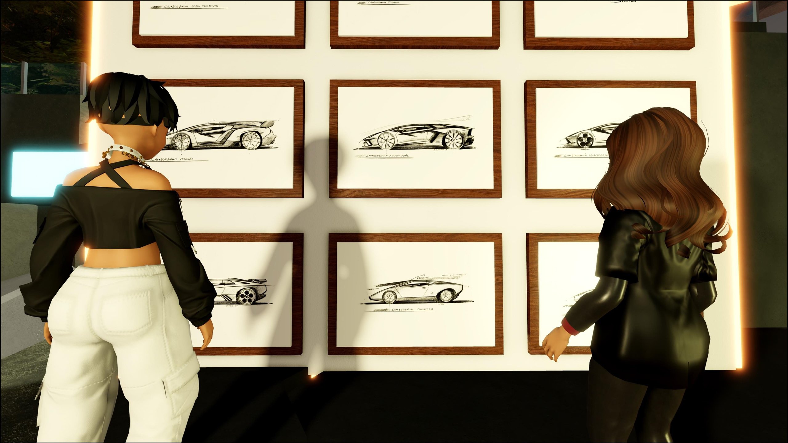 Lamborghini Built A Roblox Experience For A Car That May Never Exist As Planned 9 Two roblox avatars viewing a wall of lamborghini design sketches in a virtual gallery setting