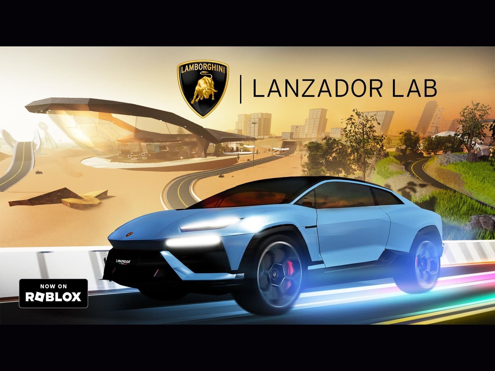 Light blue Lamborghini Lanzador concept car racing on a virtual track in the Roblox Lanzador Lab experience