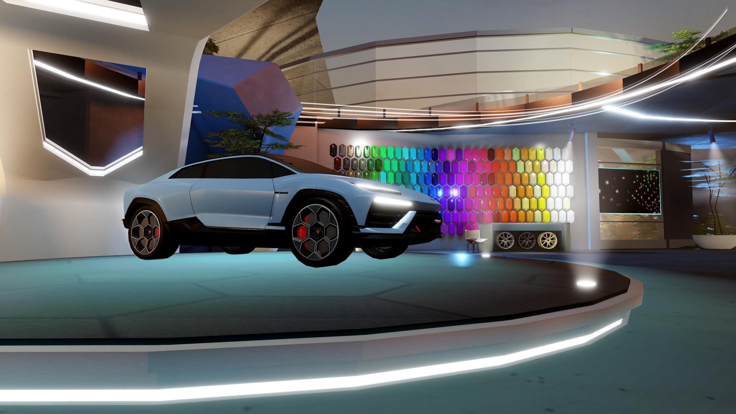 Lamborghini Built A Roblox Experience For A Car That May Never Exist As Planned 3 Light blue lamborghini lanzador concept on a glowing circular platform in the virtual roblox showroom with color palette wall visible