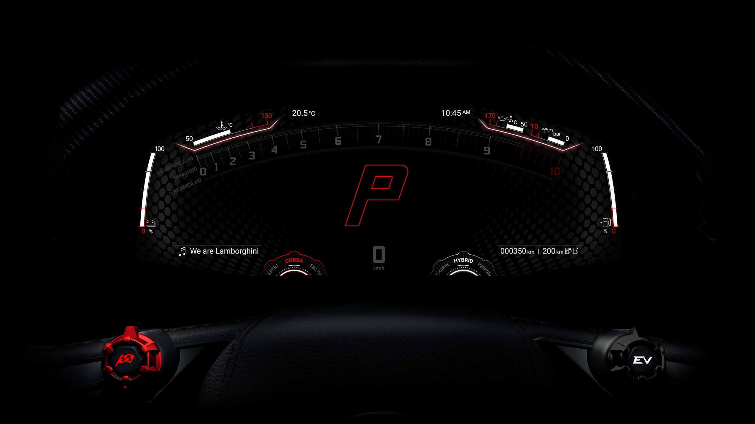 Lamborghini lb744 digital instrument cluster in corsa mode showing minimalist performance-focused layout with red accents