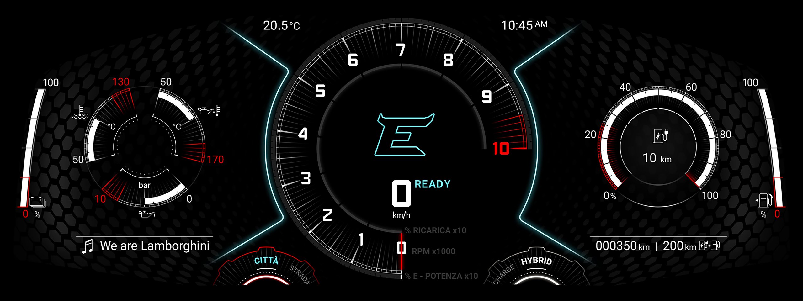 Lamborghini lb744 digital dashboard display in città city mode showing electric-ready status and vehicle metrics