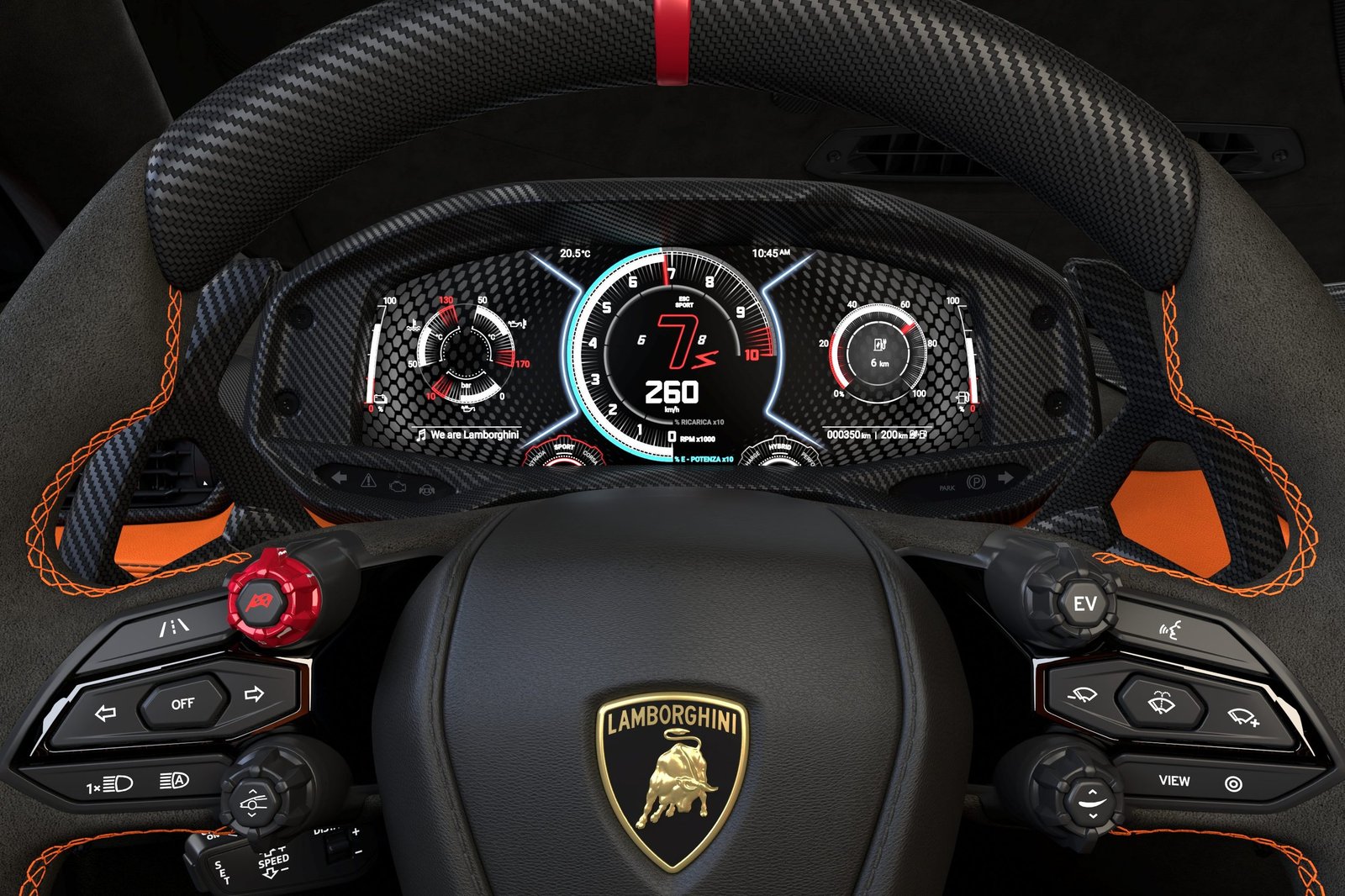 Lamborghini LB744 steering wheel and digital instrument cluster in Sport mode showing dual mode-selection rotors