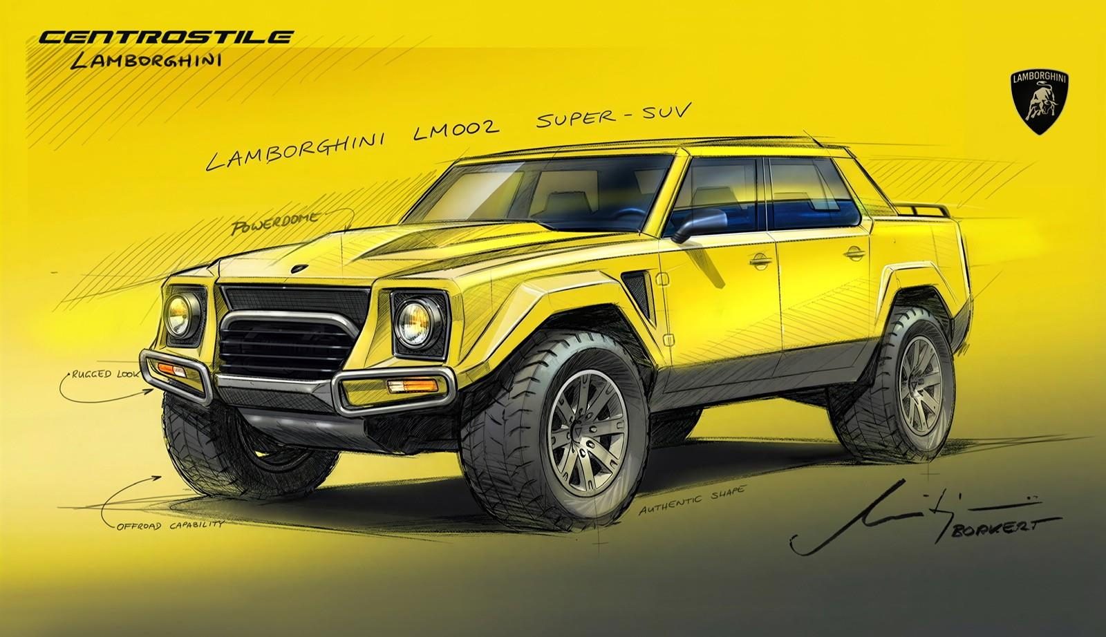 The 'Rambo Lambo' At 40: How Lamborghini'S V12 Off-Roader Invented The Super Suv And Paved The Road To The Urus 9 Yellow design sketch of lamborghini lm002 highlighting powerdome, rugged look, and offroad capability