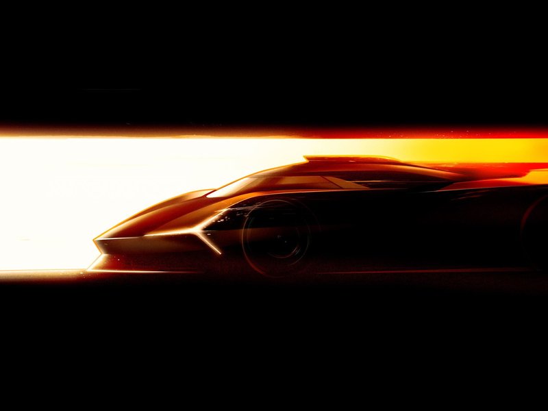 Silhouetted Lamborghini LMDh prototype with orange and yellow light streaks suggesting speed and futuristic aerodynamic design