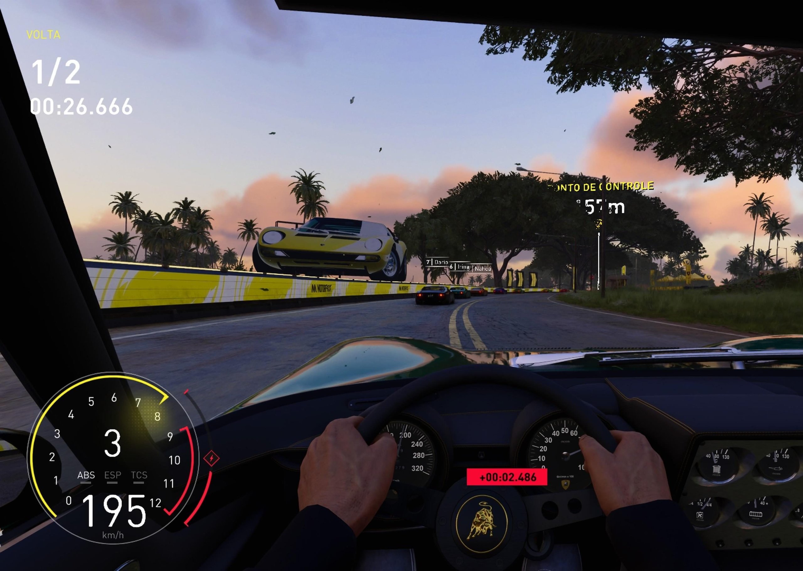 First-person cockpit view from inside a lamborghini miura p400 during a virtual race showing the dashboard and steering wheel