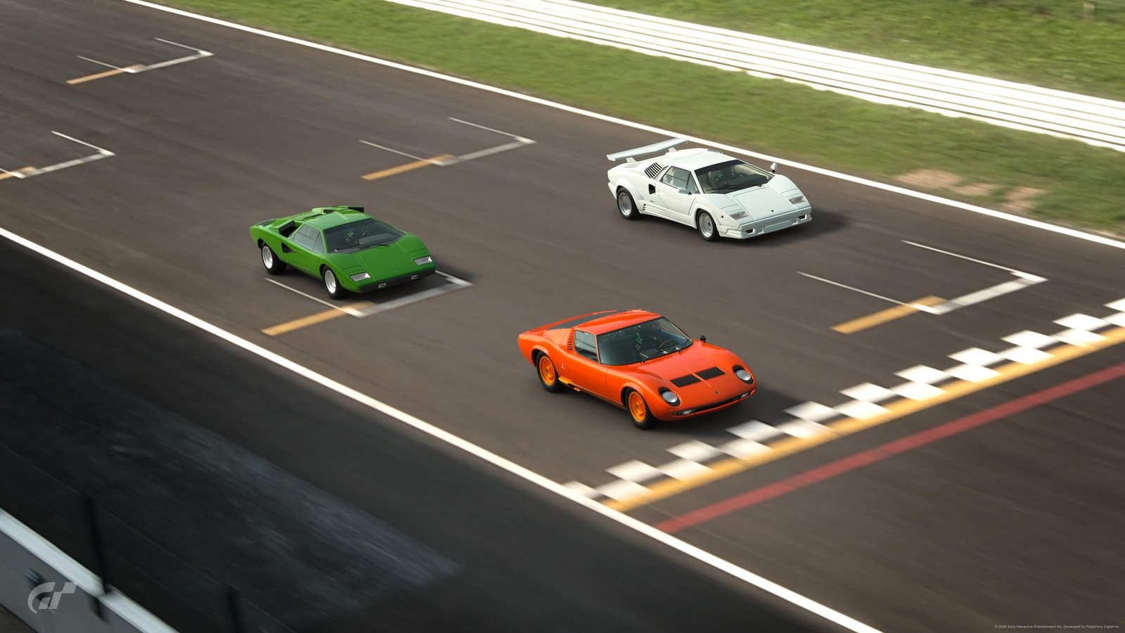Three classic Lamborghinis including two Miuras and a Countach racing side by side toward a checkered finish line in a video game