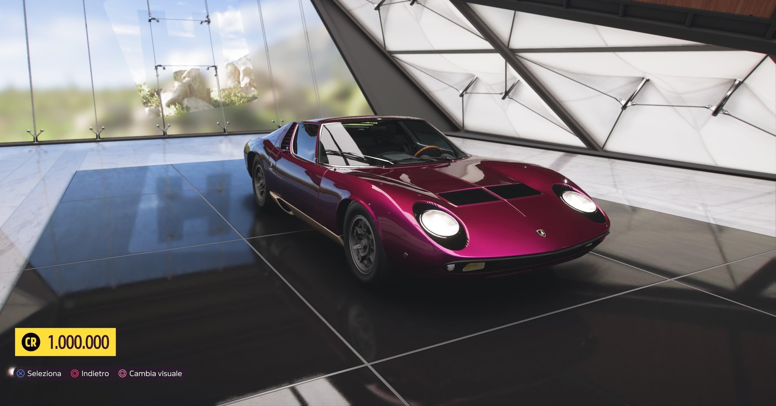 A magenta lamborghini miura displayed in a virtual showroom with a reflective floor and a price tag of 1,000,000 credits