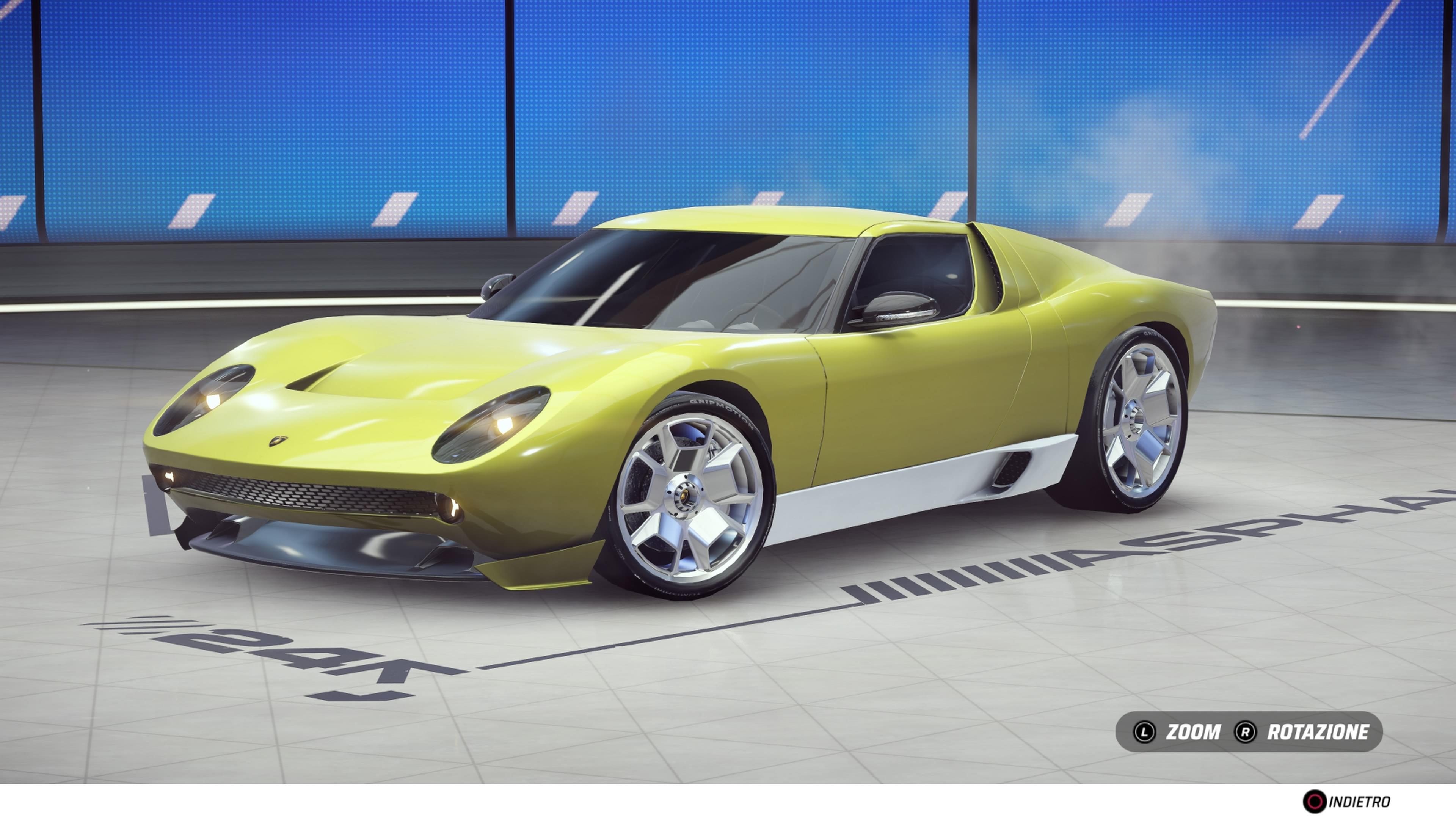 A modernized lime green lamborghini miura concept with custom wheels and white side skirts in a virtual showroom
