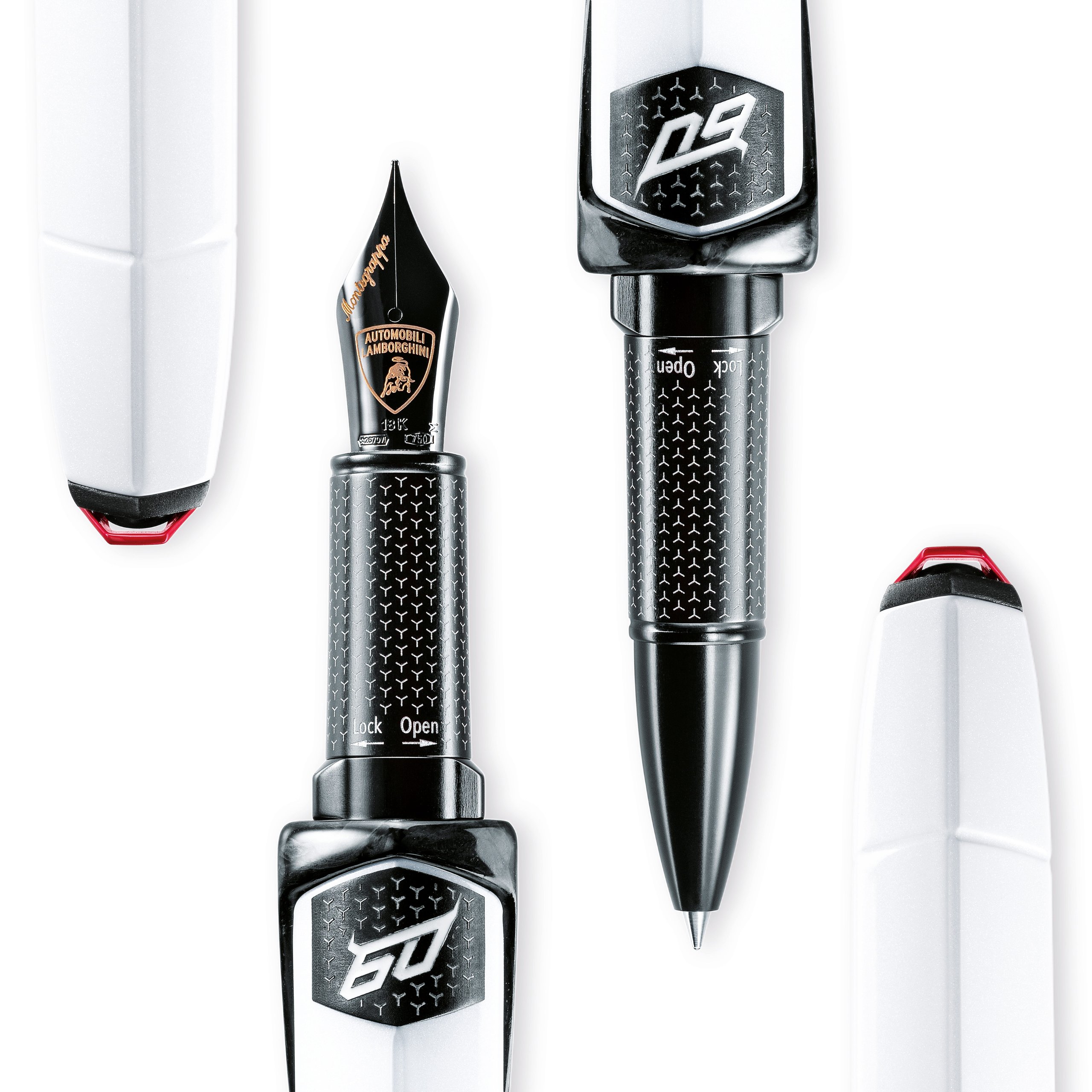 Montegrappa automobili lamborghini 60° fountain pen in bianco siderale white with cap removed, showing the 18-karat gold nib engraved with the lamborghini bull shield and the 60th anniversary emblem