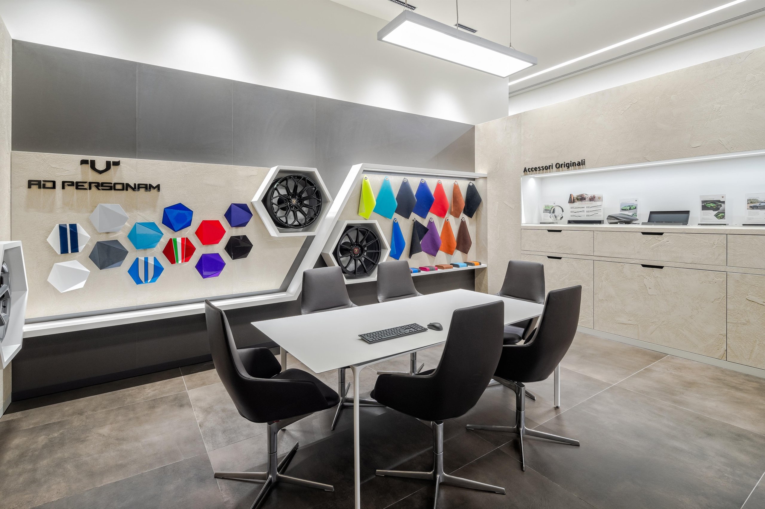Lamborghini Naples: Why Florida'S Sixth Showroom Tells A Bigger Story About The Brand'S Us Ambitions 7 Interior of the ad personam customization studio at lamborghini naples with color and material samples on display