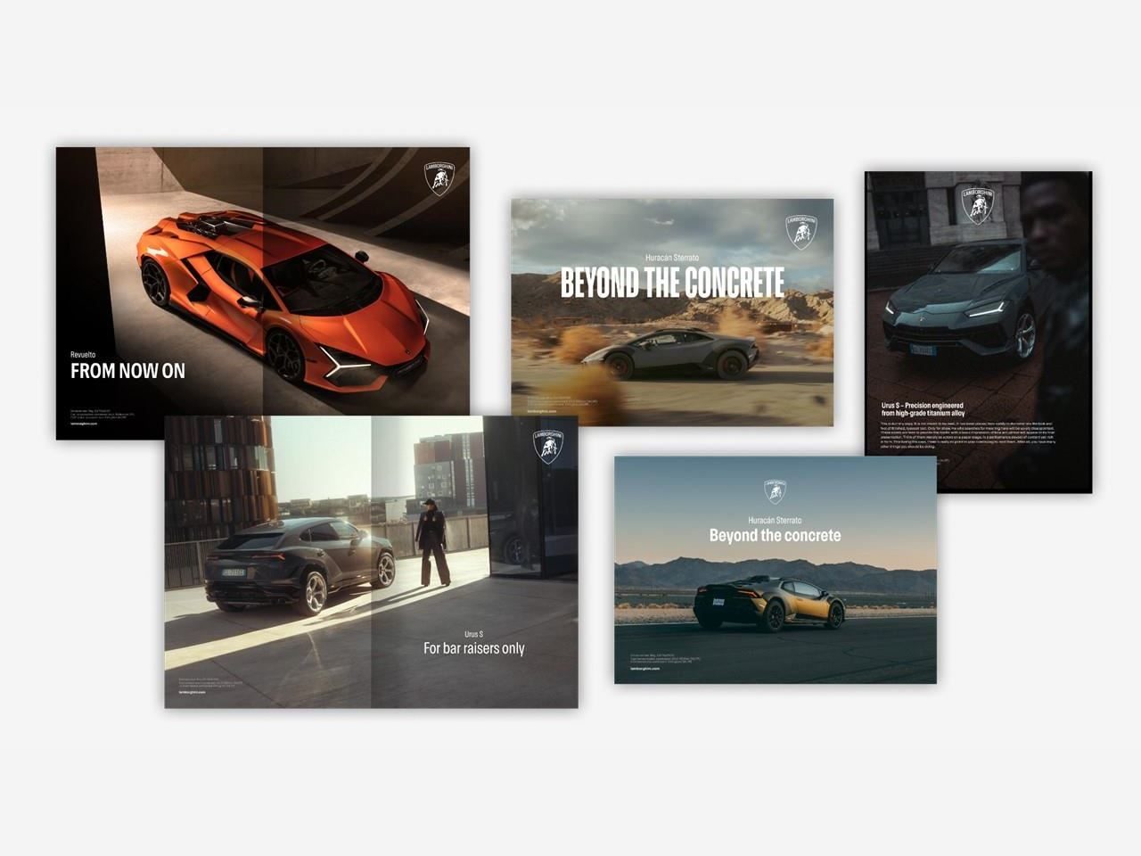 Lamborghini'S First Logo Redesign In Two Decades Signals A Brand Built For The Hybrid Era 5 Collage of lamborghini marketing materials showing the new corporate branding applied to the revuelto, huracán sterrato, and urus s