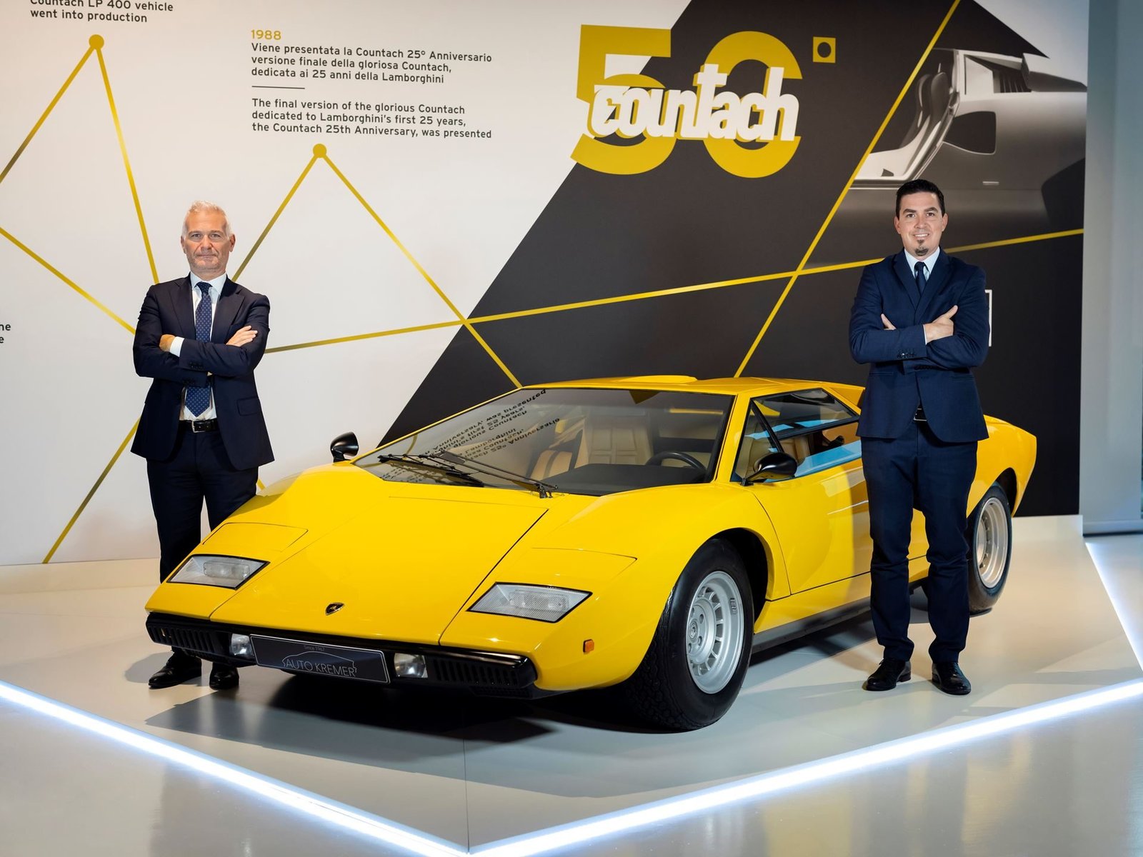Silvano Michieli and Christian Mastro standing beside a yellow Lamborghini Countach LP400 in a studio setting