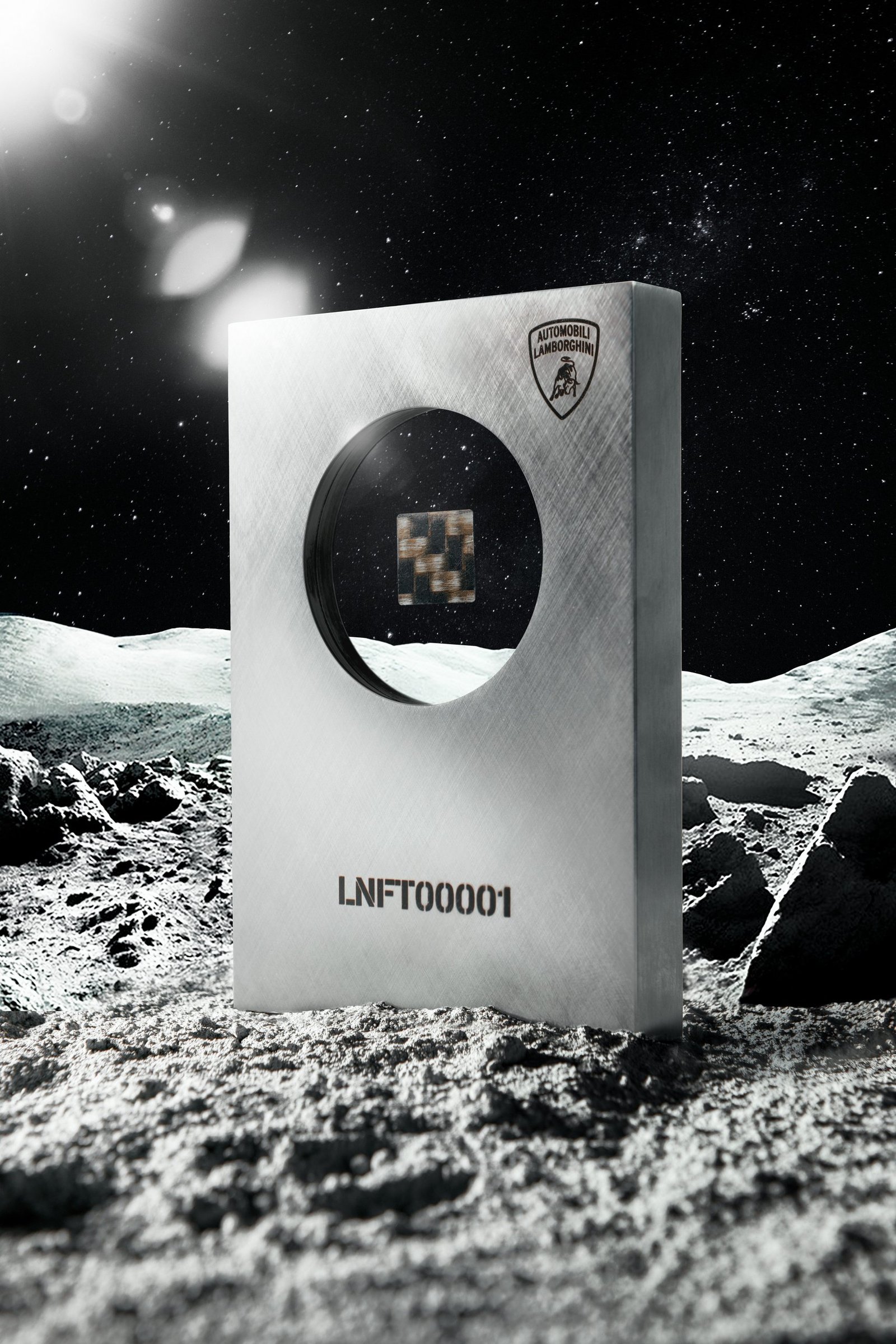 Lamborghini Space Key NFT display standing on a lunar-like surface with a starry sky backdrop
