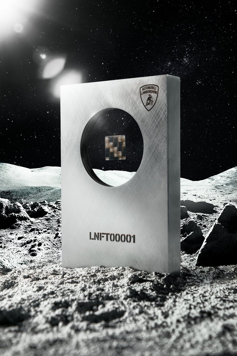 Lamborghini Space Key NFT display standing on a lunar-like surface with a starry sky backdrop
