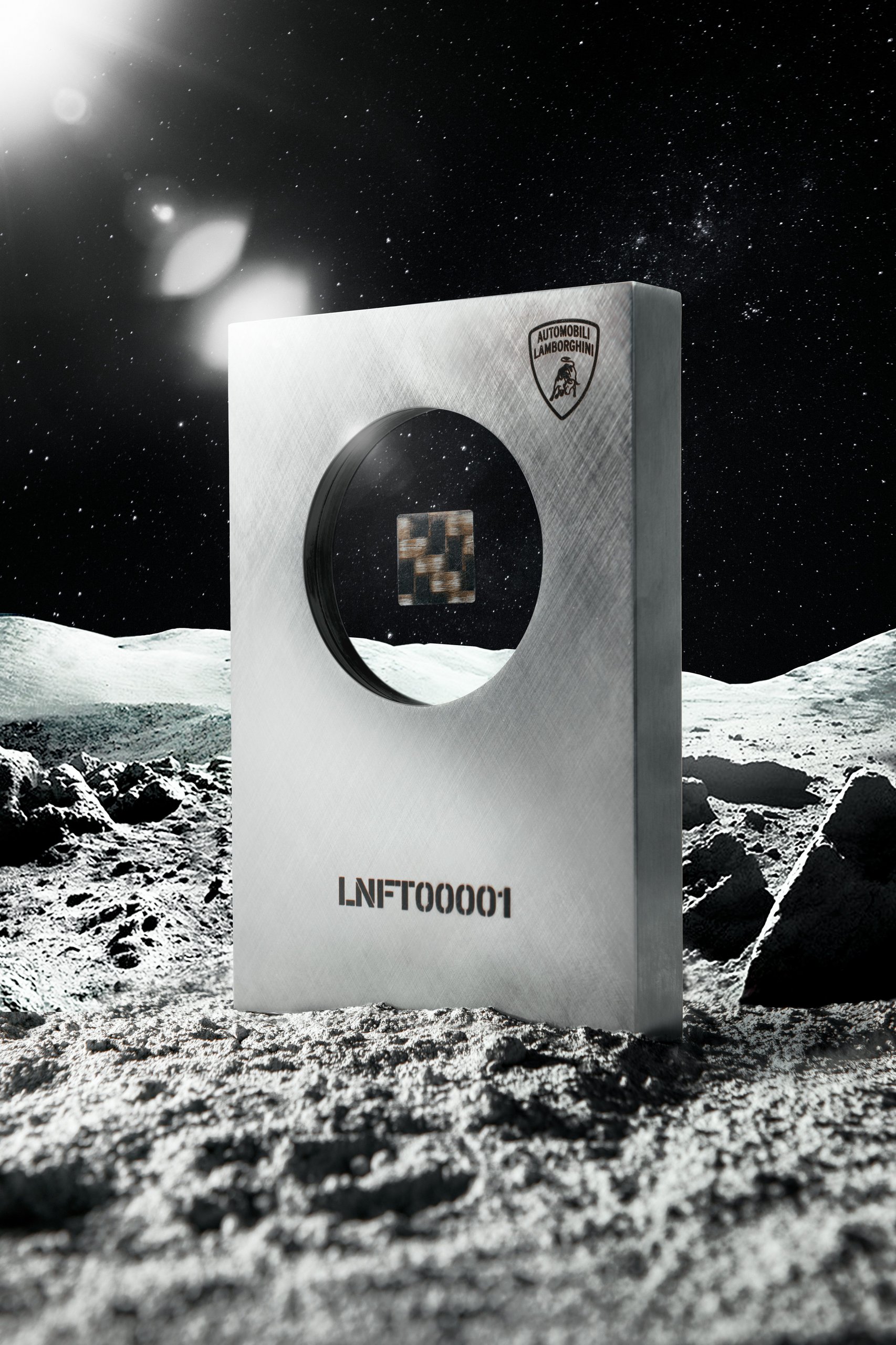 Lamborghini space key nft display standing on a lunar-like surface with a starry sky backdrop