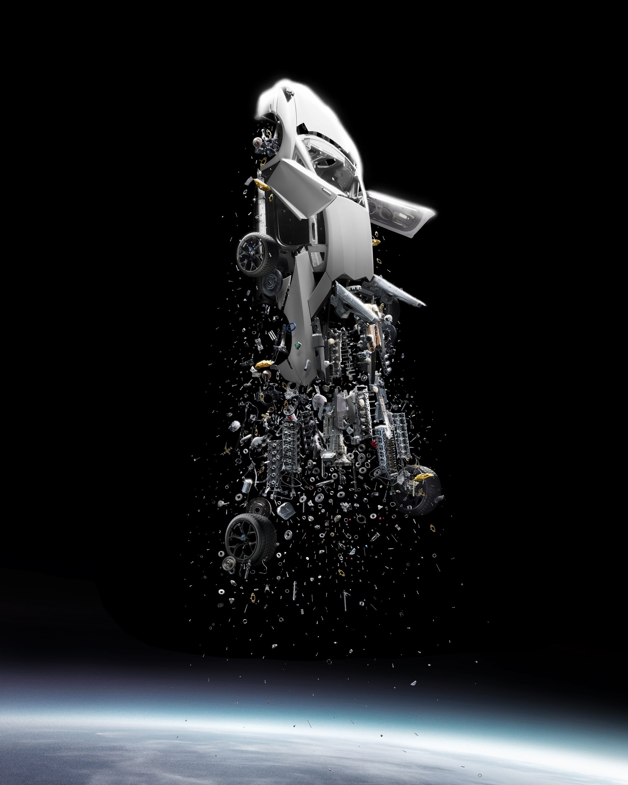 Lamborghini'S 'Space Time Memory' Nft Pairs Iss Carbon Fiber With 600-Million-Pixel Art Of An Exploding Ultimae 3 Fabian oefner's space time memory artwork showing a white lamborghini aventador ultimae body exploding into mechanical components above earth's atmosphere