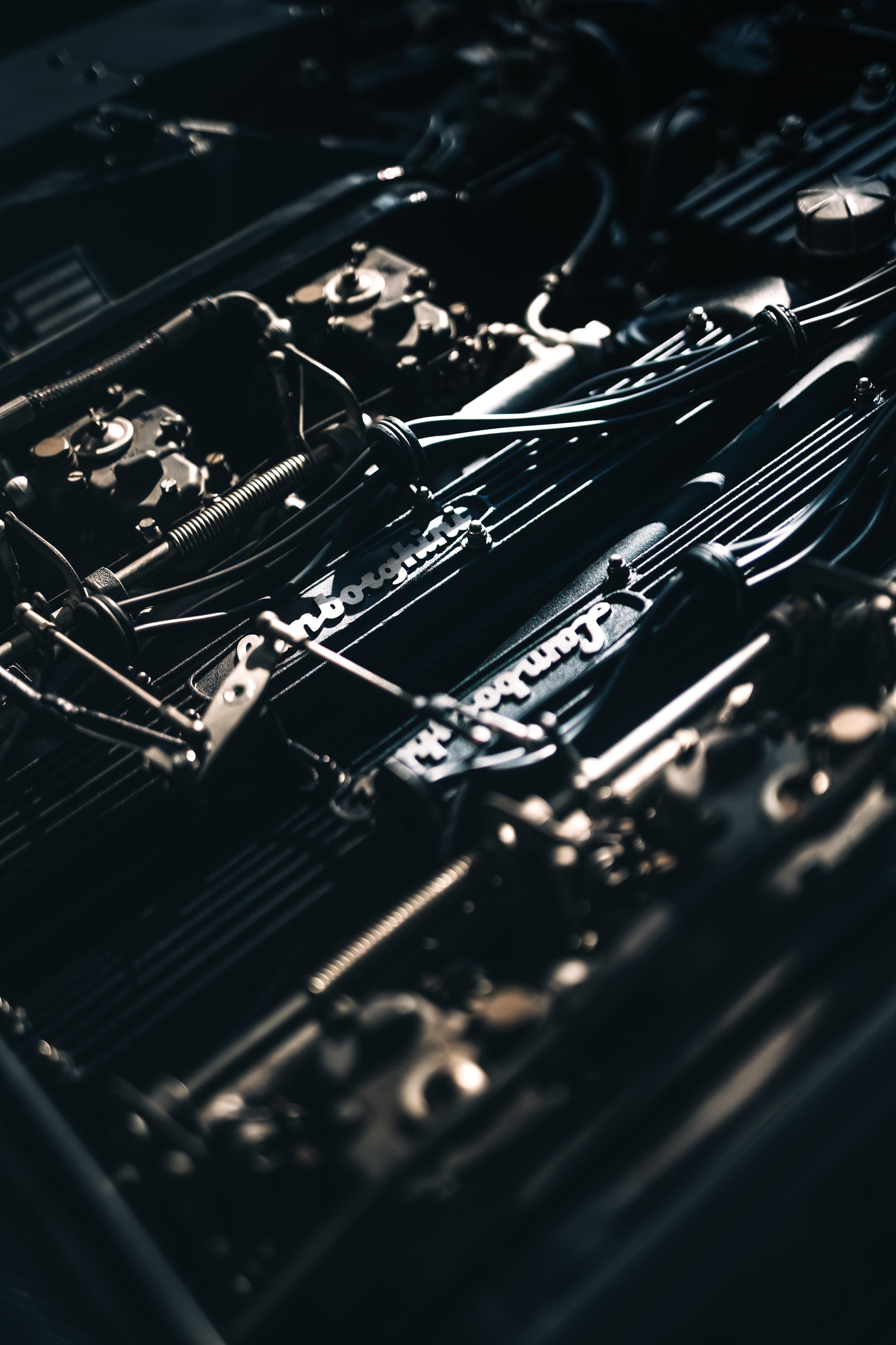 Polo Storico At Ten: Why Lamborghini Let Collectors Get Their Hands Dirty In Sant'Agata 5 Top-down view of a classic lamborghini v12 engine showing carburetors, wiring, and lamborghini script on valve covers