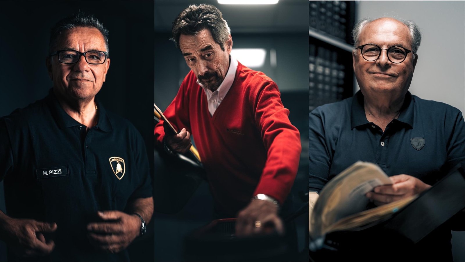 Triptych portrait of three Lamborghini Polo Storico Saggi experts in workshop setting