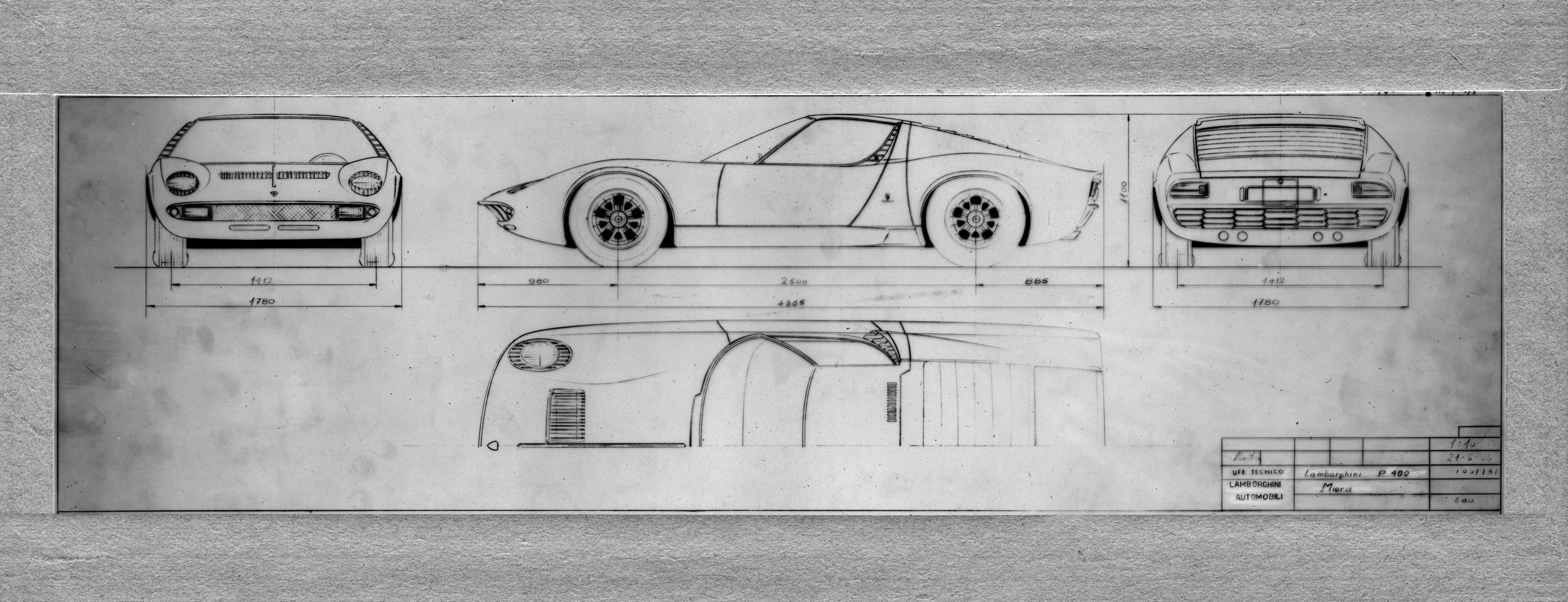 How Five Overlooked Firsts From The Marzal, Miura, Lm002, And Countach Built The Lamborghini You Know Today 7 Vintage black and white blueprint showing technical drawings of the lamborghini miura p400 with dimensions