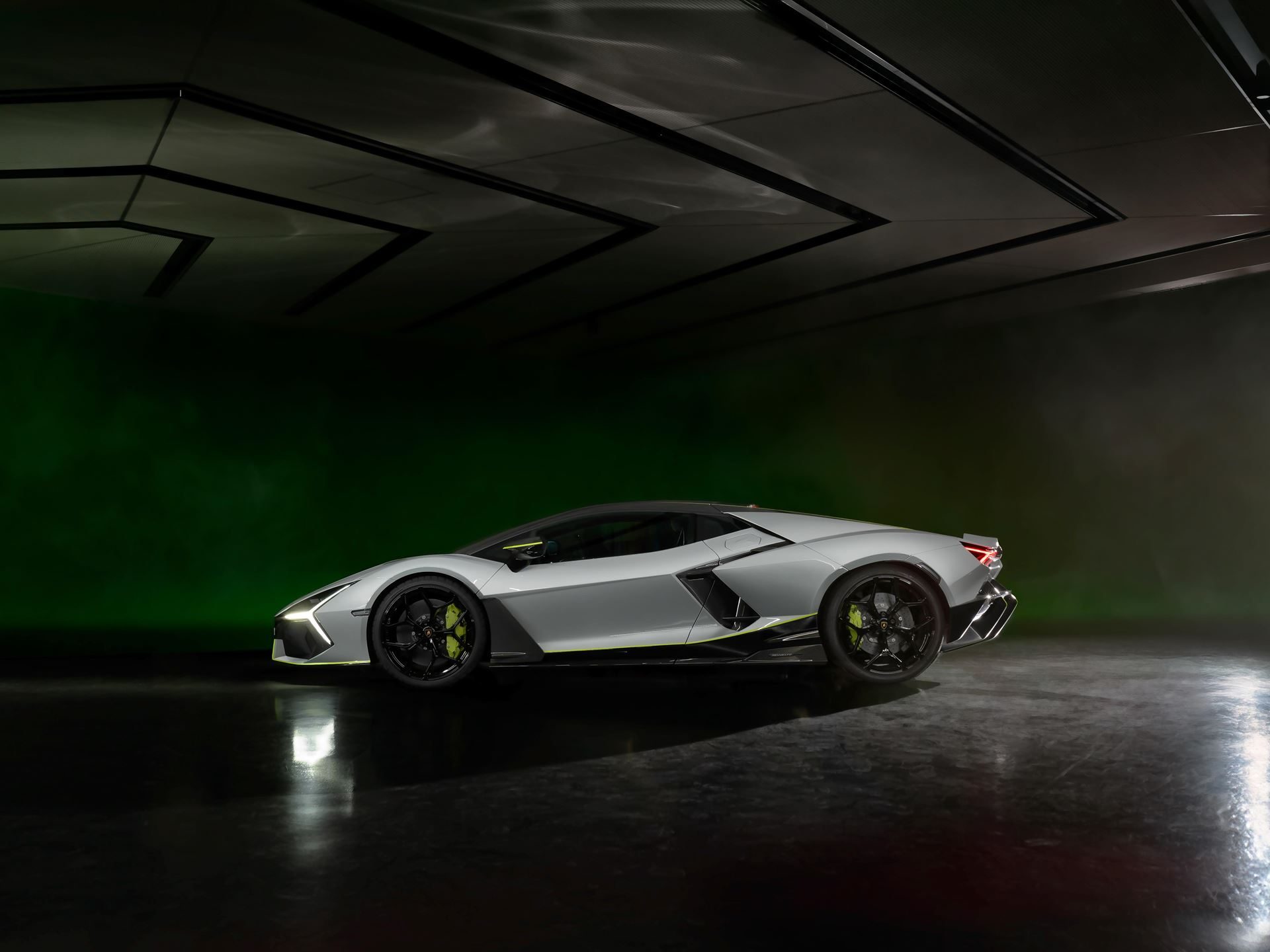 Lamborghini'S Arena Revuelto Turns Ad Personam Into A Competitive Weapon 3 Side profile of the lamborghini revuelto ad personam arena 2024 showing grigio hati paint and verde scandal green accents