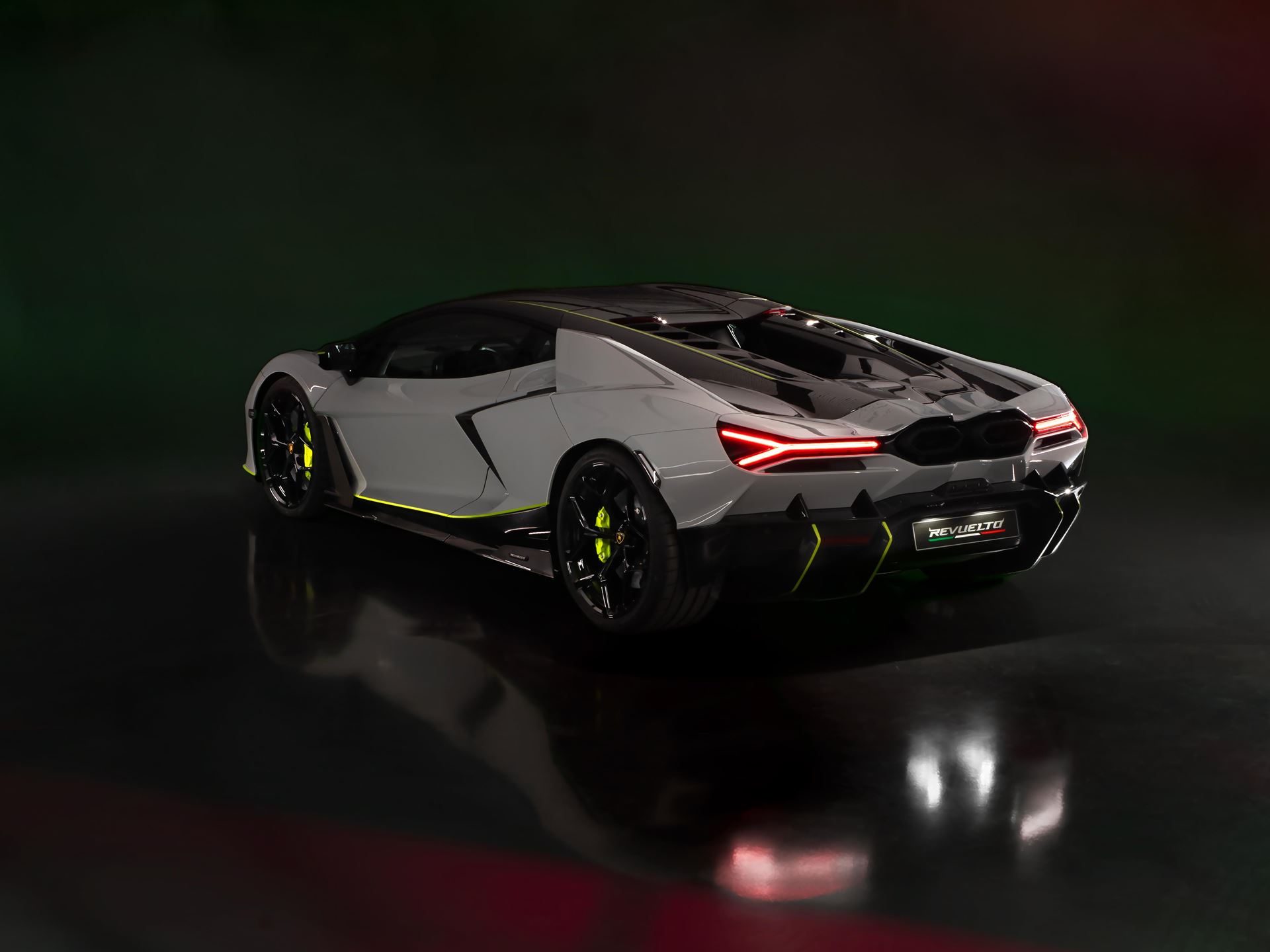 Lamborghini'S Arena Revuelto Turns Ad Personam Into A Competitive Weapon 11 Rear three-quarter view of the lamborghini revuelto ad personam arena 2024 with illuminated y-shape taillights