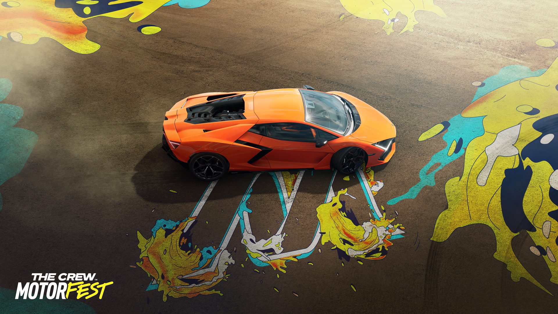 How The Revuelto Became A Cover Star: Lamborghini'S Calculated Bet On Gaming As A Digital Showroom 7 Overhead view of orange lamborghini revuelto on colorful painted ground showing y-shaped taillights and exposed engine bay