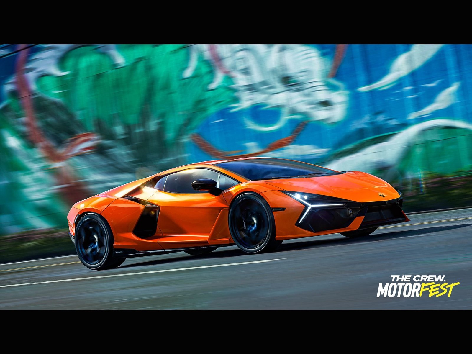 Orange Lamborghini Revuelto in motion against a graffiti-covered wall in The Crew Motorfest gameplay