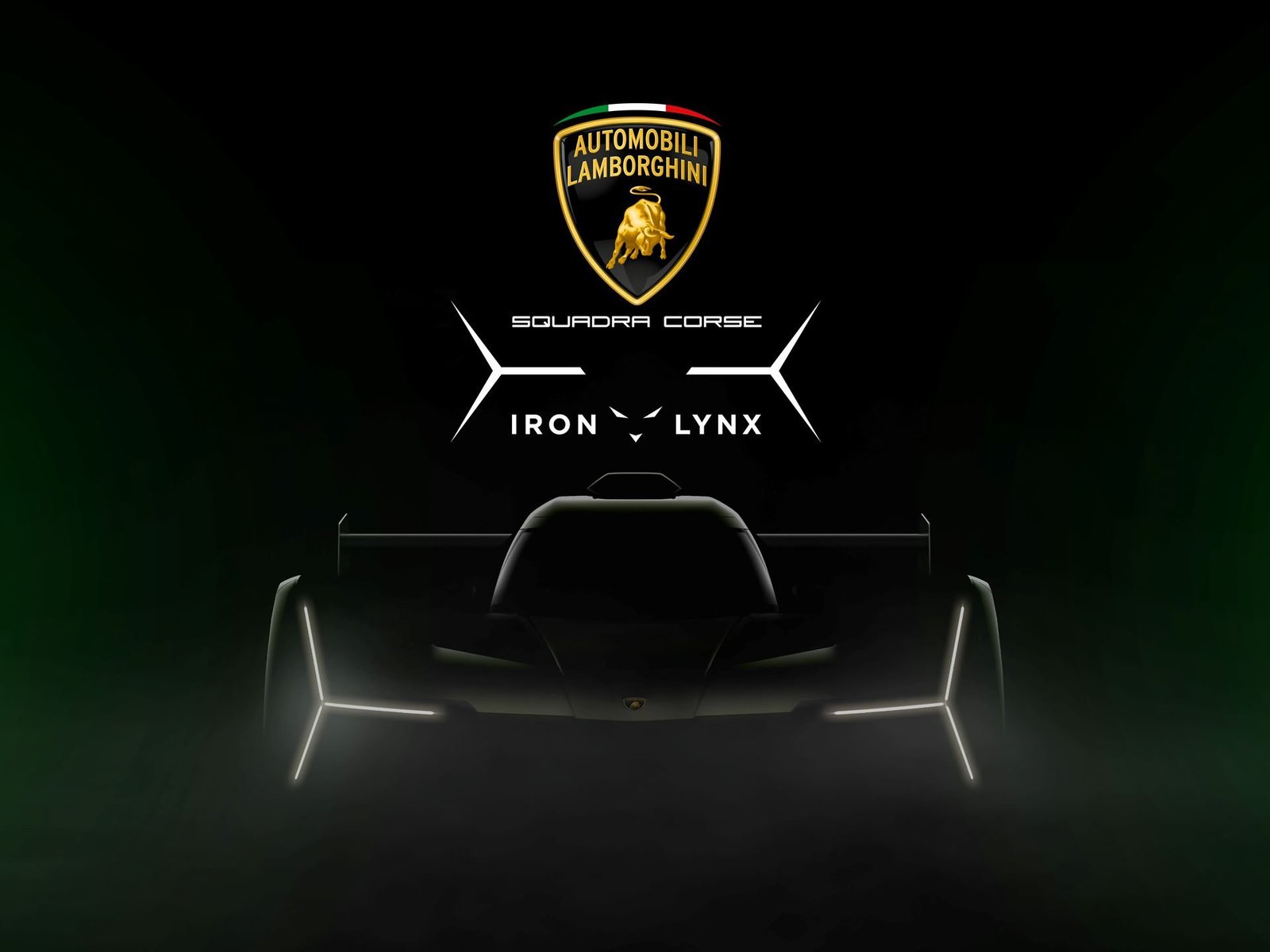 Lamborghini SC63 LMDh prototype showing illuminated Y-shaped headlights and Squadra Corse branding